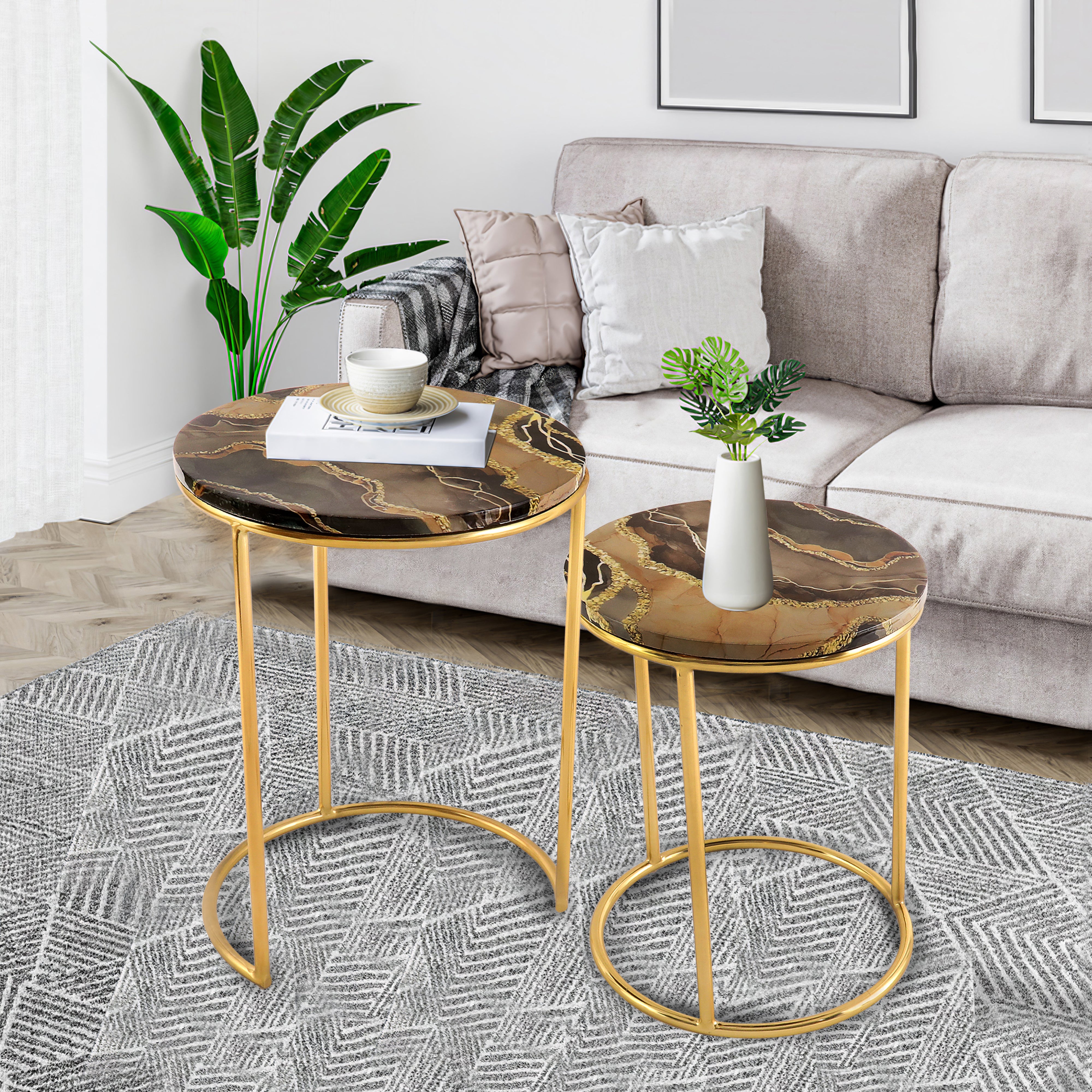 Nested Table Set Of 2 - Brown Marble Side Table