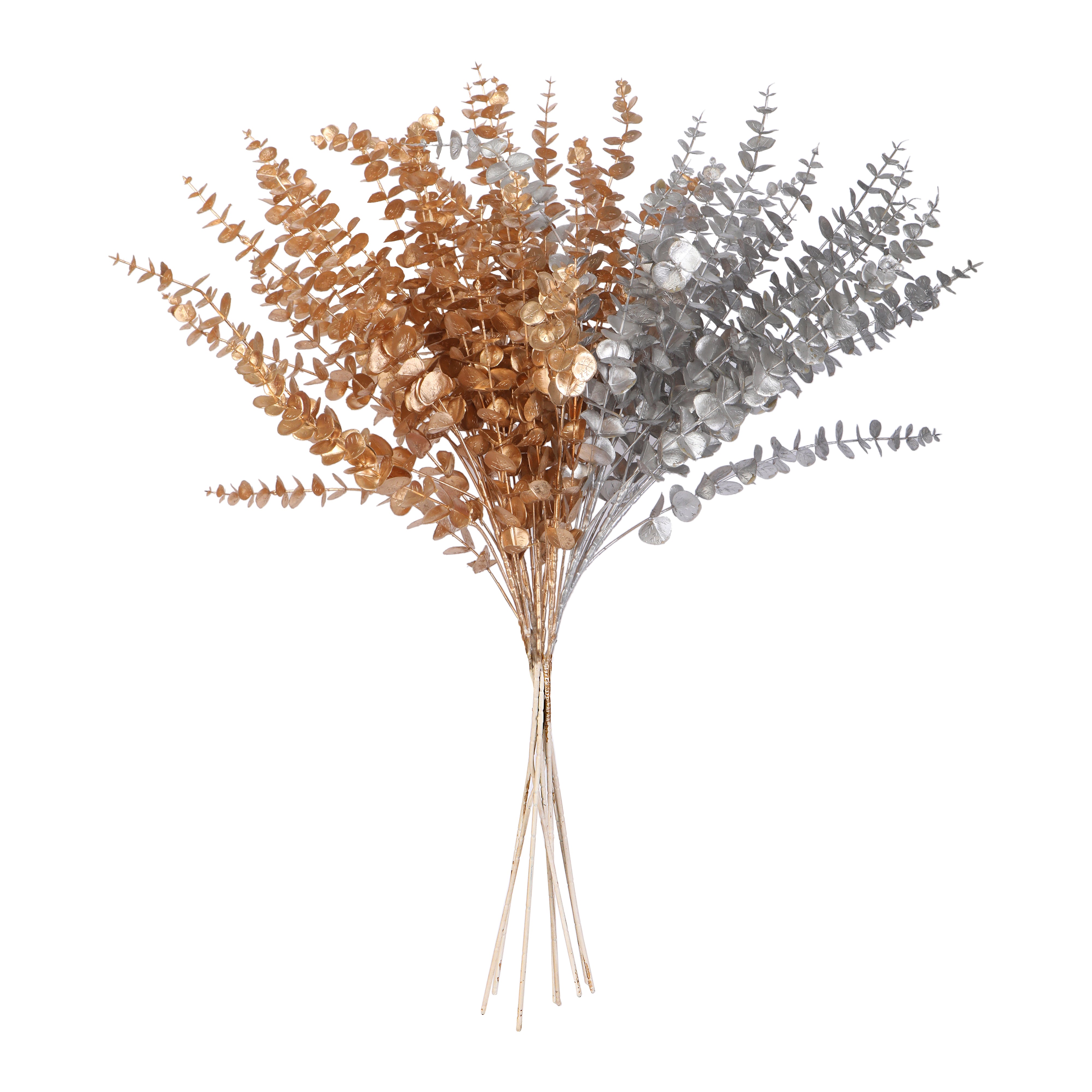 Artificial - Flower Bunch -  Eucalyptus set of 2 Metallic Sticks(1Gold 1Silver)