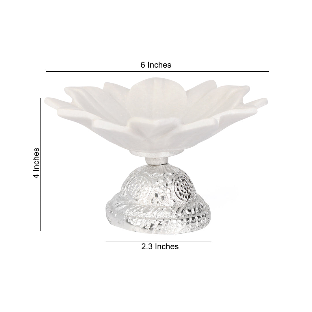 Flower Marble Urli With Silver Base 4 Inch Urli 4- The Home Co.