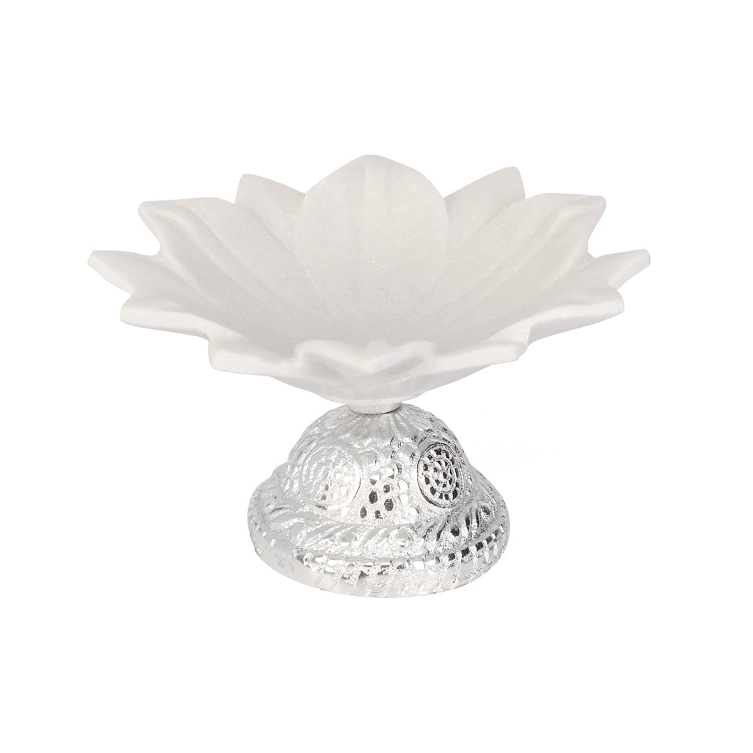 Flower Marble Urli With Silver Base 4 Inch Urli 2- The Home Co.