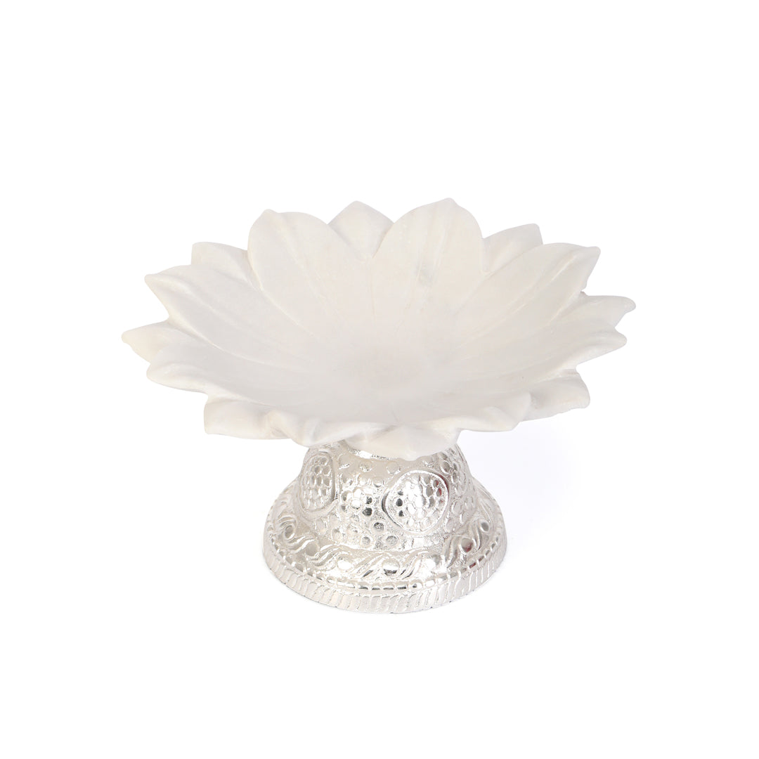Marble Flower Urli With Silver Base 9 Inch 3- The Home Co.