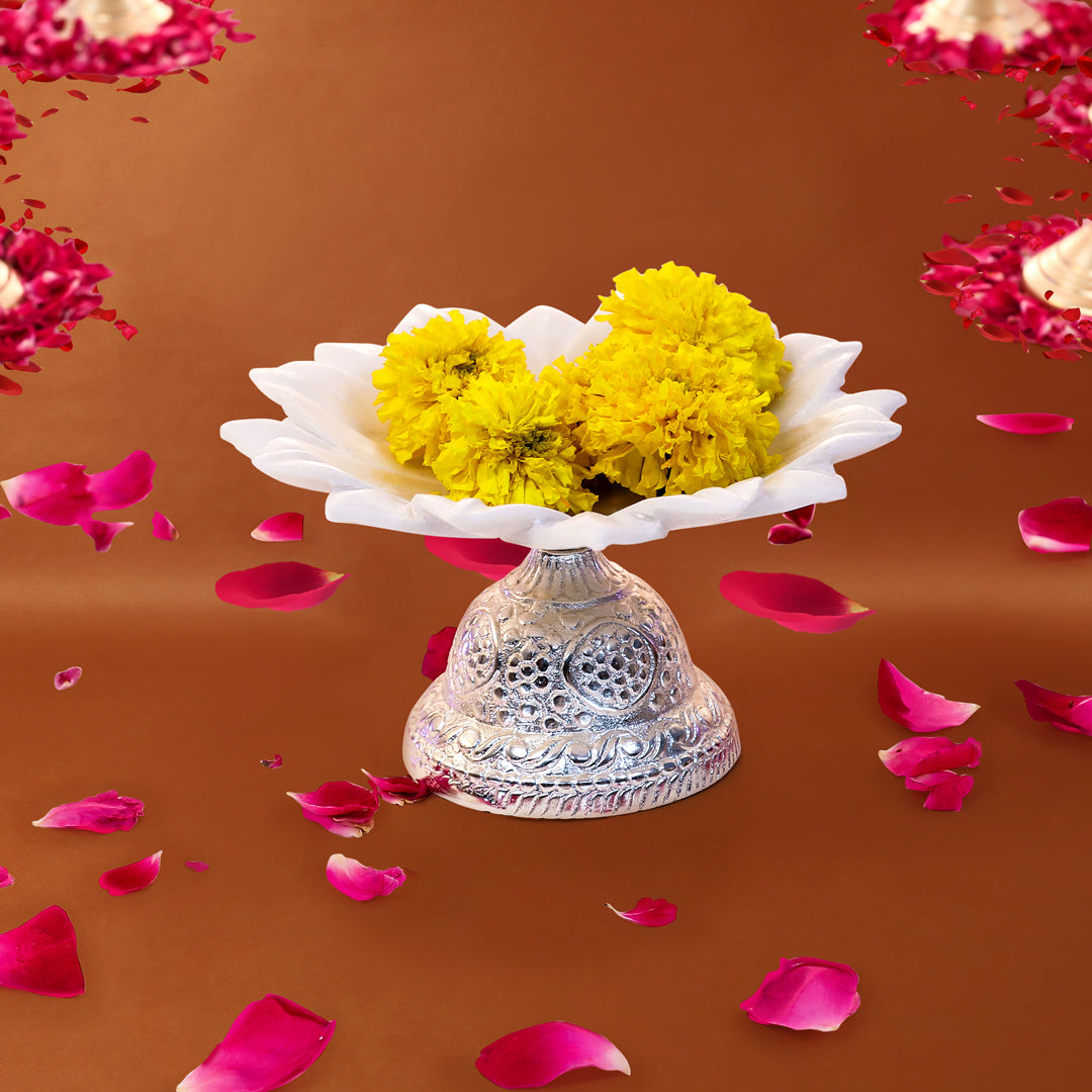 12" Marble Flower With Silver Metal Base Urli - Large