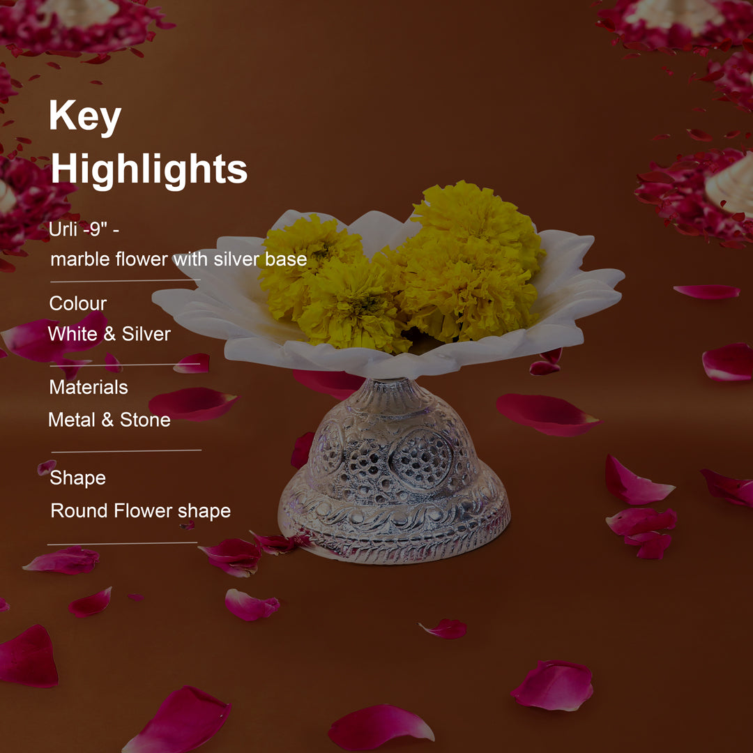 12" Marble Flower With Silver Metal Base Urli - Large