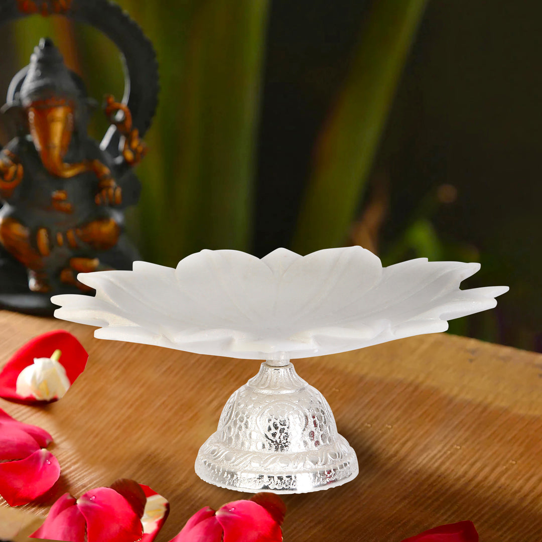 Marble Flower Urli With Silver Base 12" Urli 6-The Home Co.