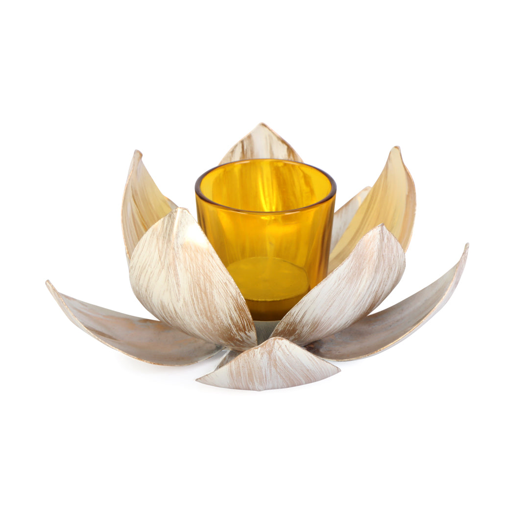 Tea Light Candle Stand - Gold & Ivory Foil Lotus Tea Light Candle Holder 1- The Home Co.