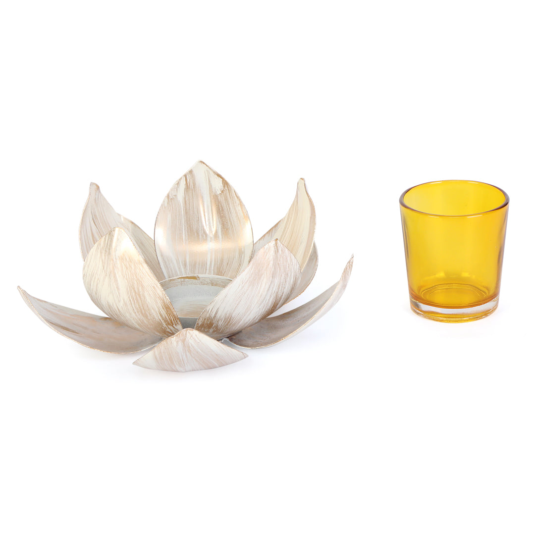 Tea Light Candle Stand - Gold & Ivory Foil Lotus Tea Light Candle Holder 2- The Home Co.