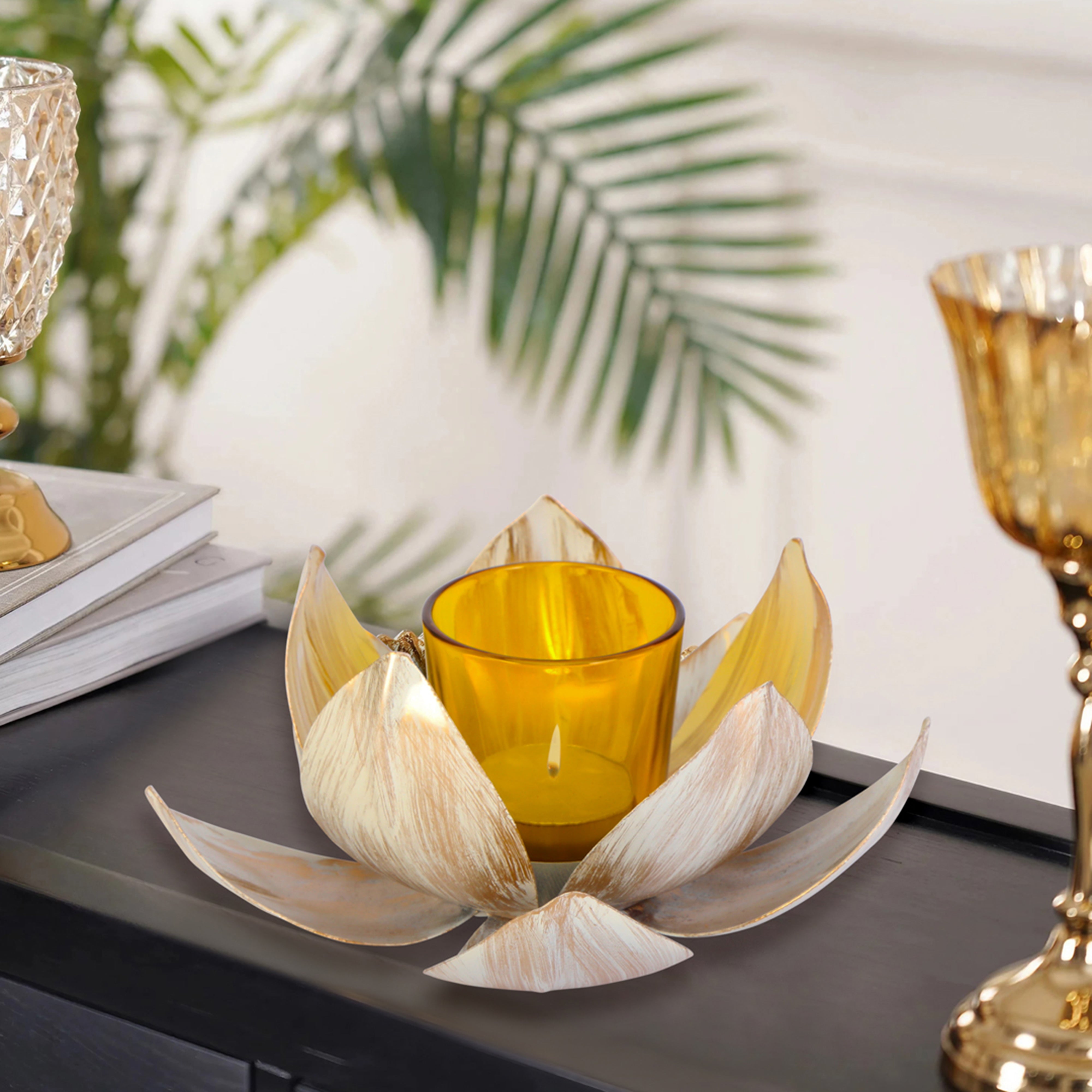 Tea Light Holders -  Metal Gold & Ivory Lotus