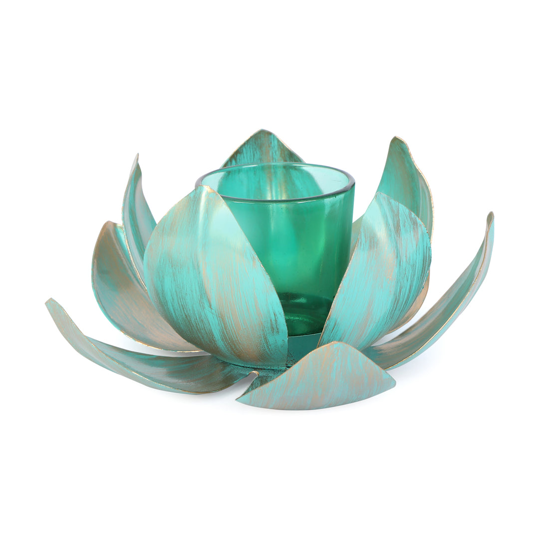 Tea Light Candle Stand - Gold & Blue Foil Lotus Tea Light Candle Holder 6- The Home Co.