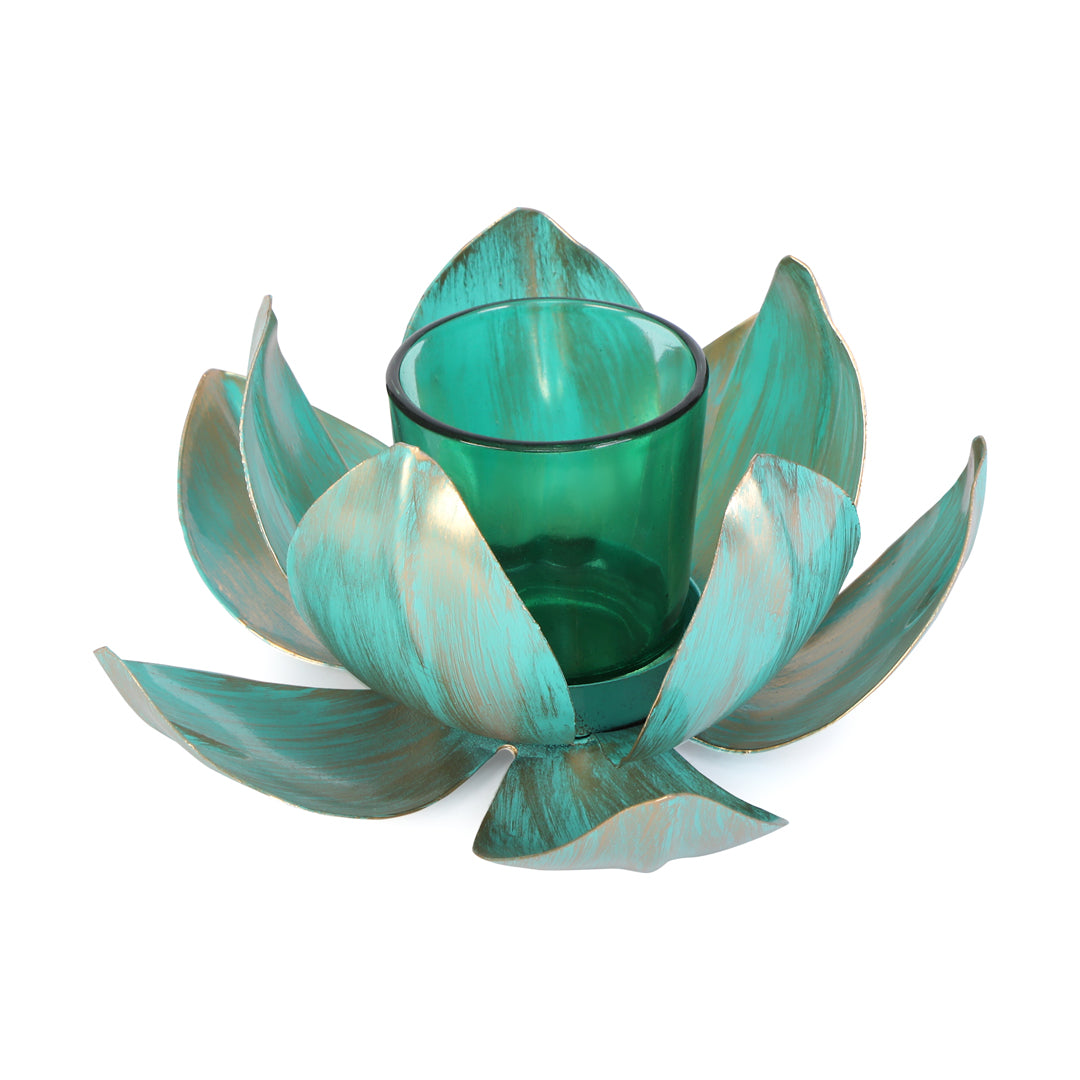 Tea Light Candle Stand - Gold & Blue Foil Lotus Tea Light Candle Holder 1- The Home Co.