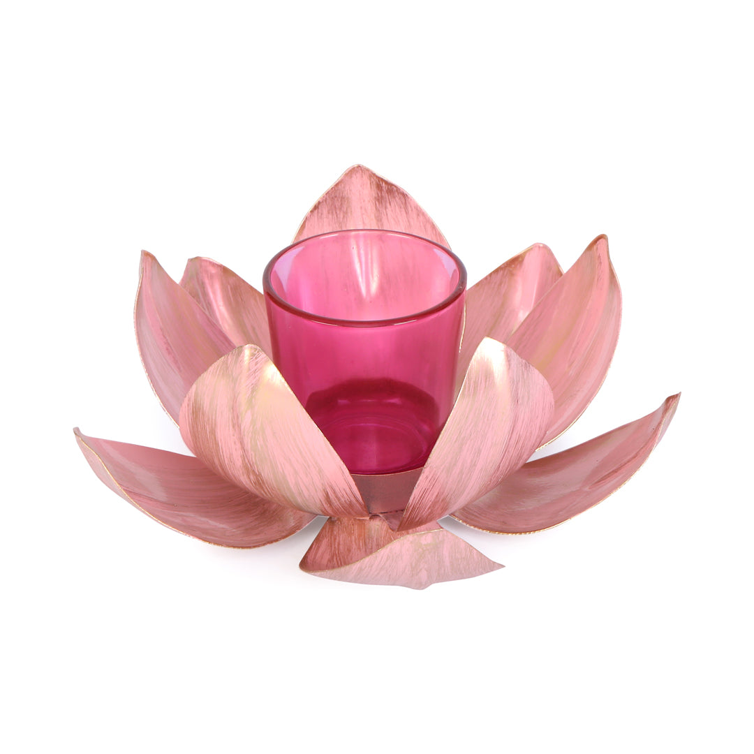 Tea Light Candle Stand - Gold & Pink Foil Lotus Tea Light Candle Holder 2- The Home Co.