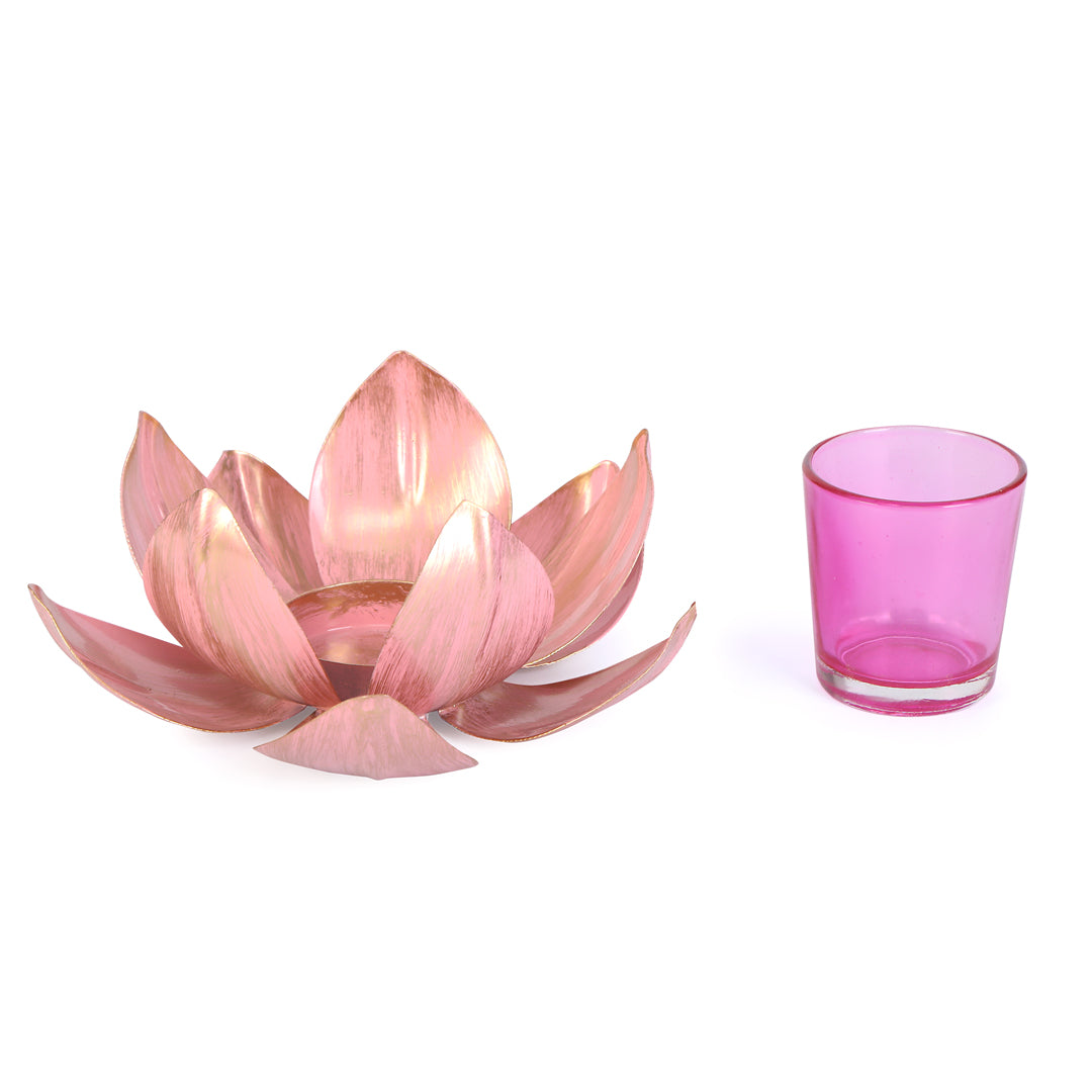 Tea Light Candle Stand - Gold & Pink Foil Lotus Tea Light Candle Holder 3- The Home Co.