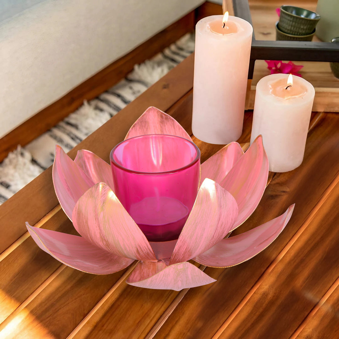 Tea Light Candle Stand - Gold & Pink Foil Lotus Tea Light Candle Holder 1- The Home Co.
