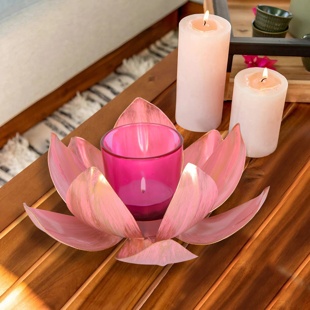 Tea Light Candle Stand - Gold & Pink Foil Lotus Tea Light Candle Holder - The Home Co.