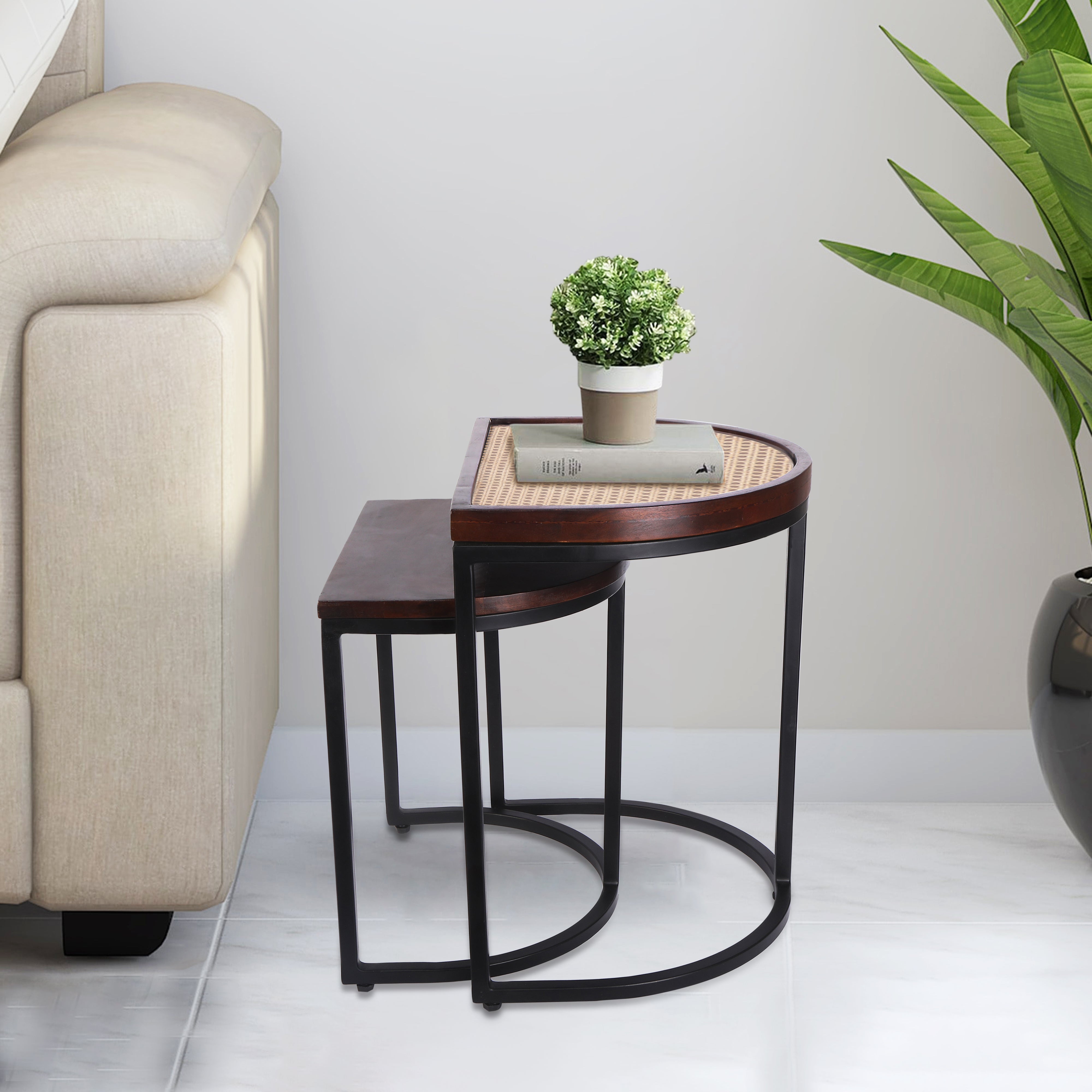 Nested Table Set of 2 - Rattan D Shape Side Table