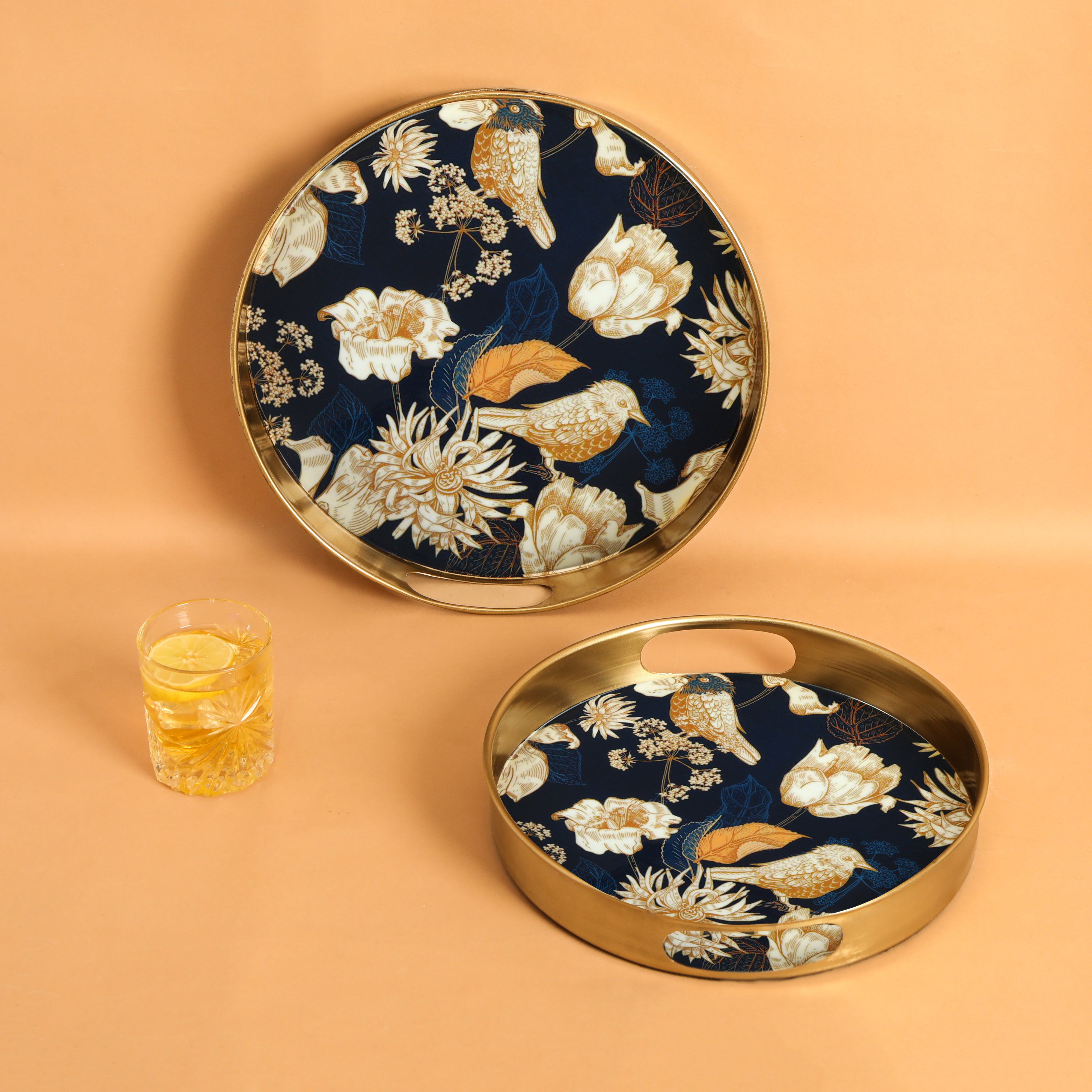 Round Metal Tray Set Of 2 - Blue Bird: The Home Co.