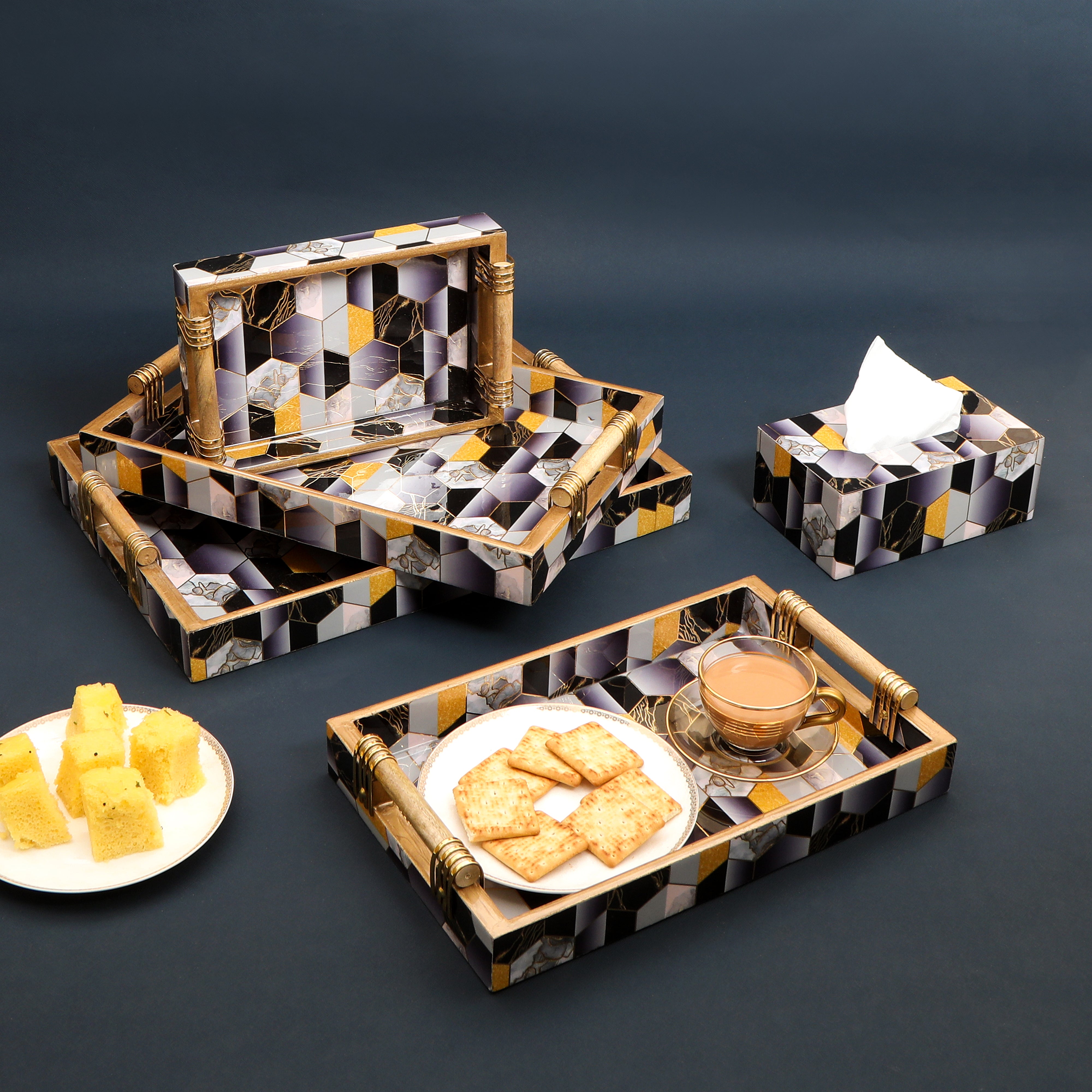 Tray Set Of 4 - Black Hexagon