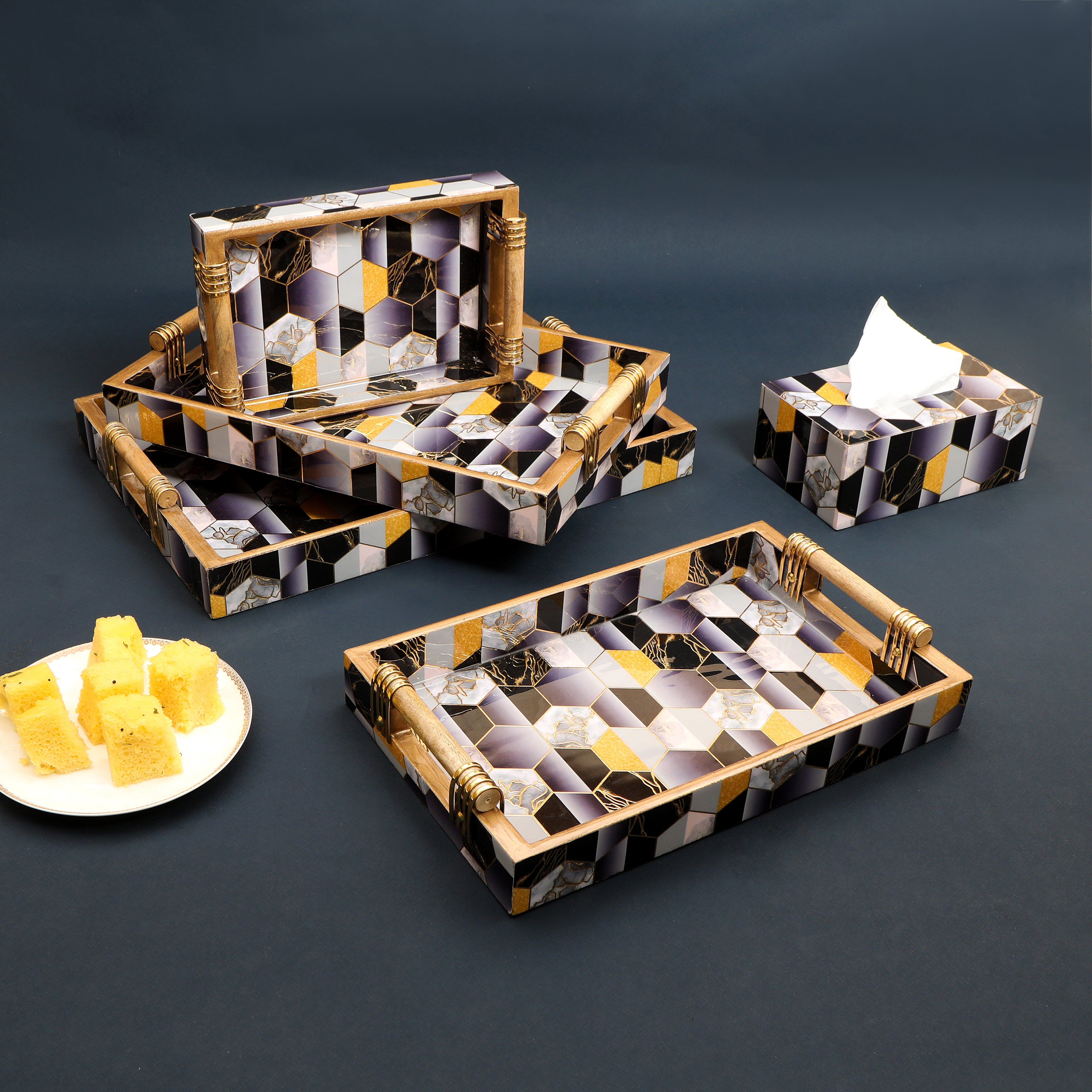 Tray Set Of 4 - Black Hexagon