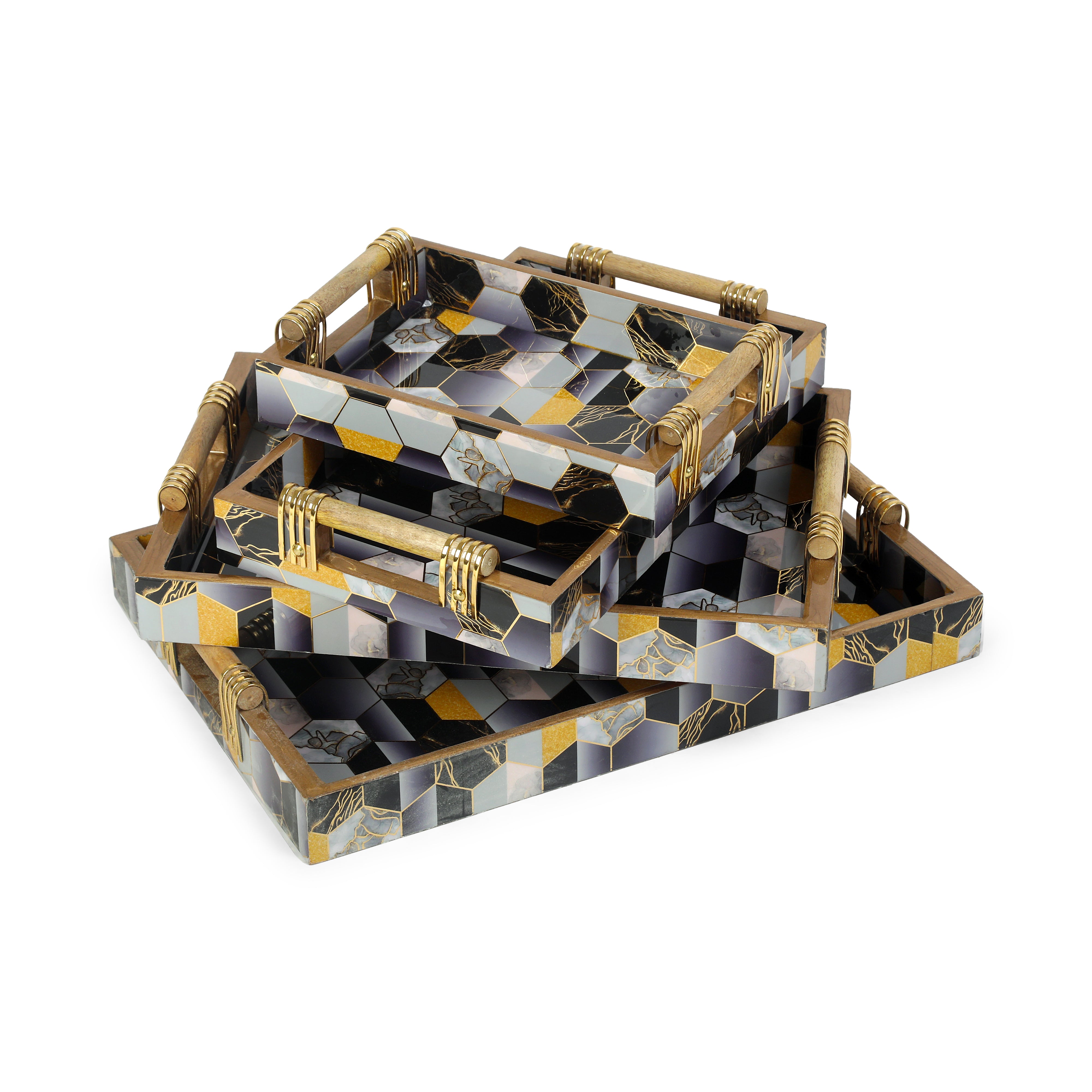 Tray Set Of 4 - Black Hexagon