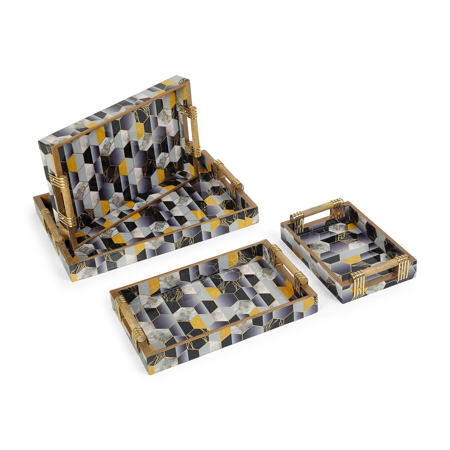 Tray Set Of 4 - Black Hexagon: The Home Co.