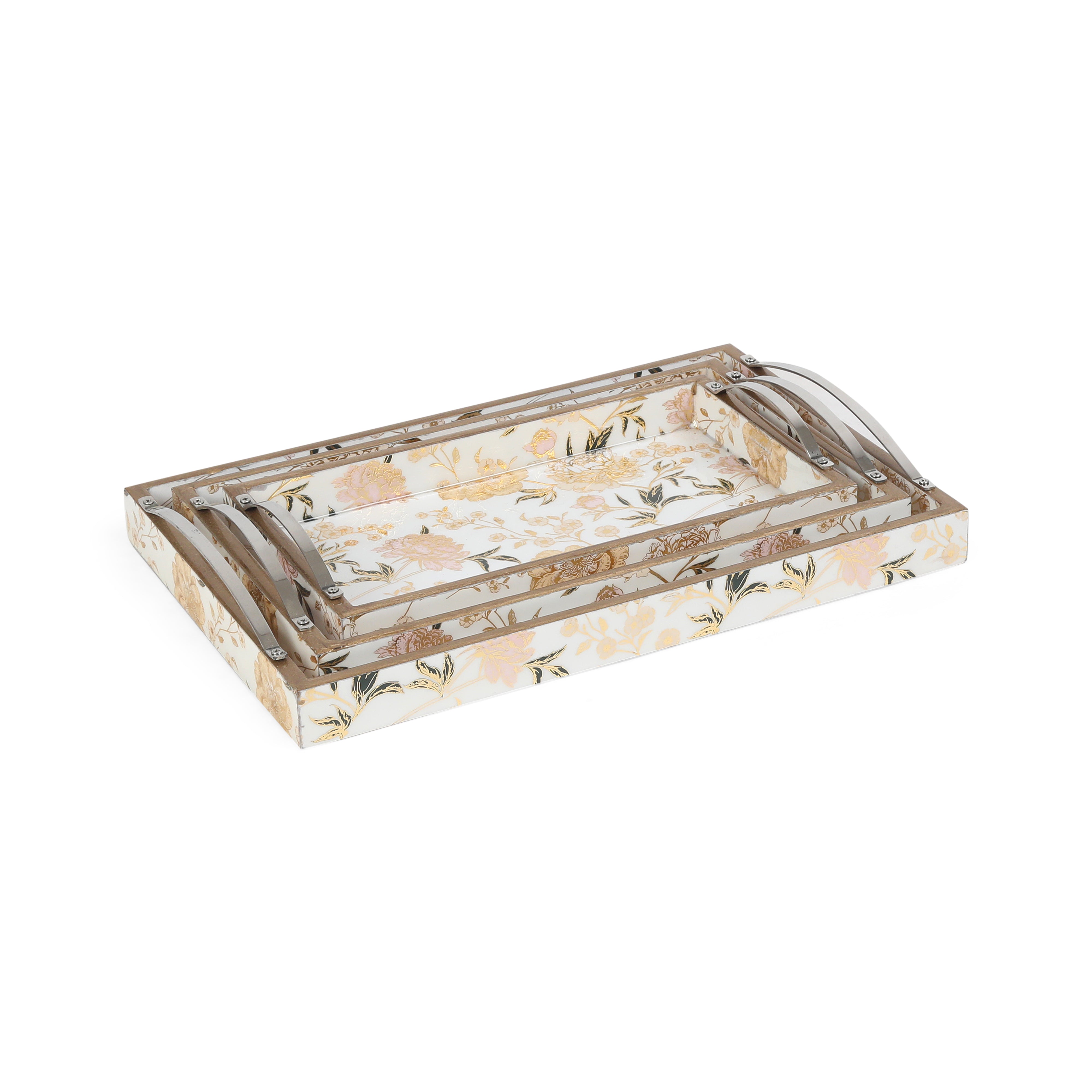 Tray Set Of 3 - White & Flower