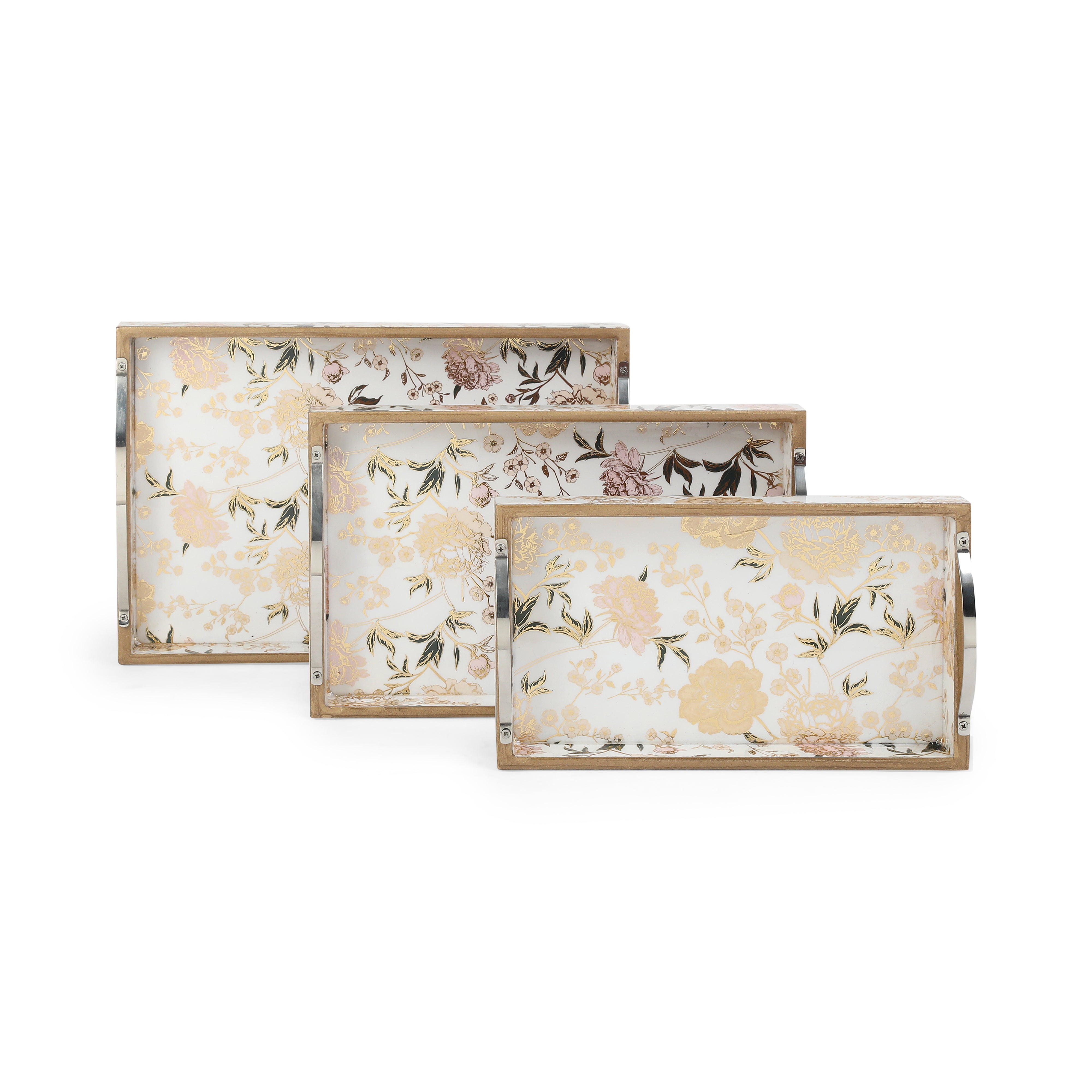 Tray Set Of 3 - White & Flower