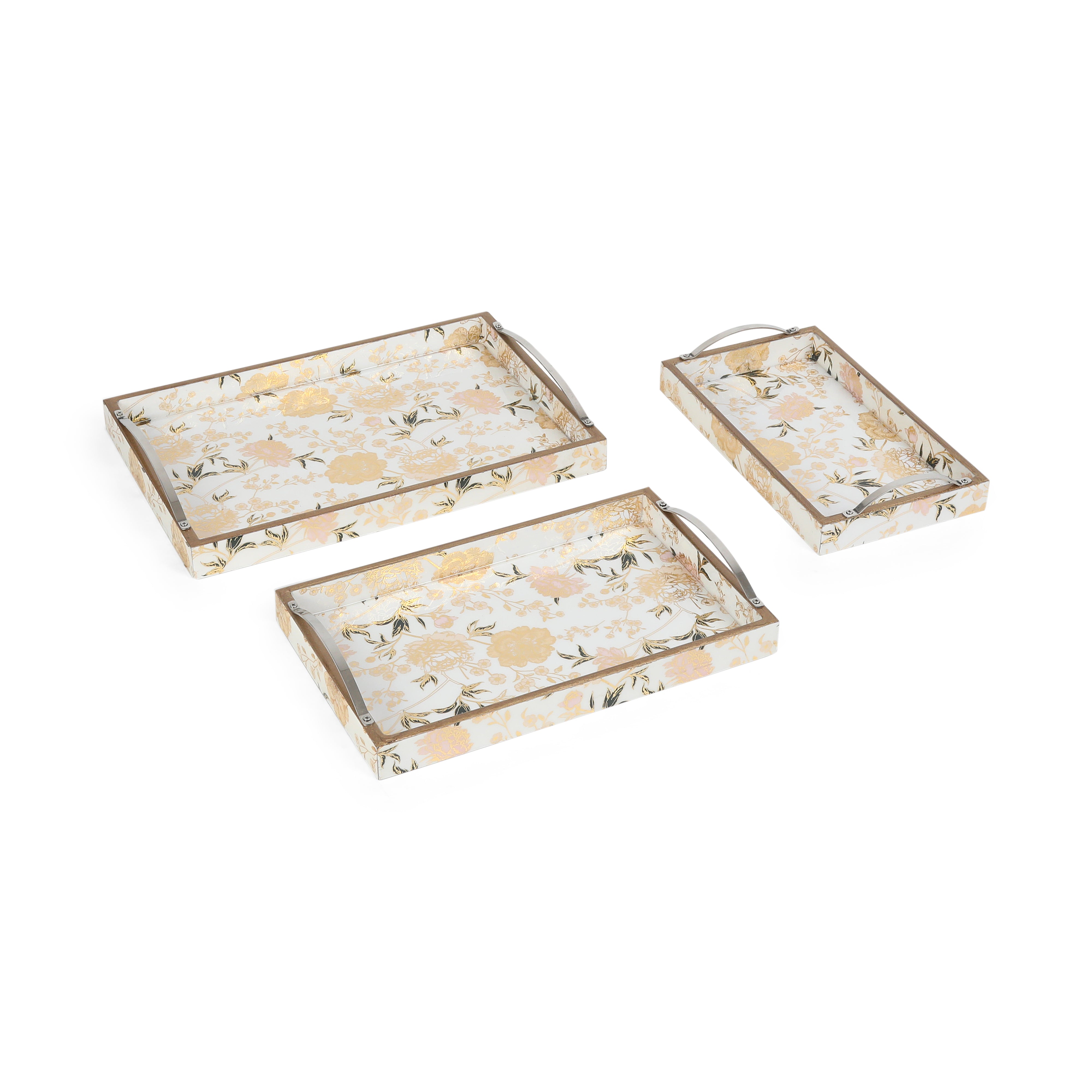 Tray Set Of 3 - White & Flower