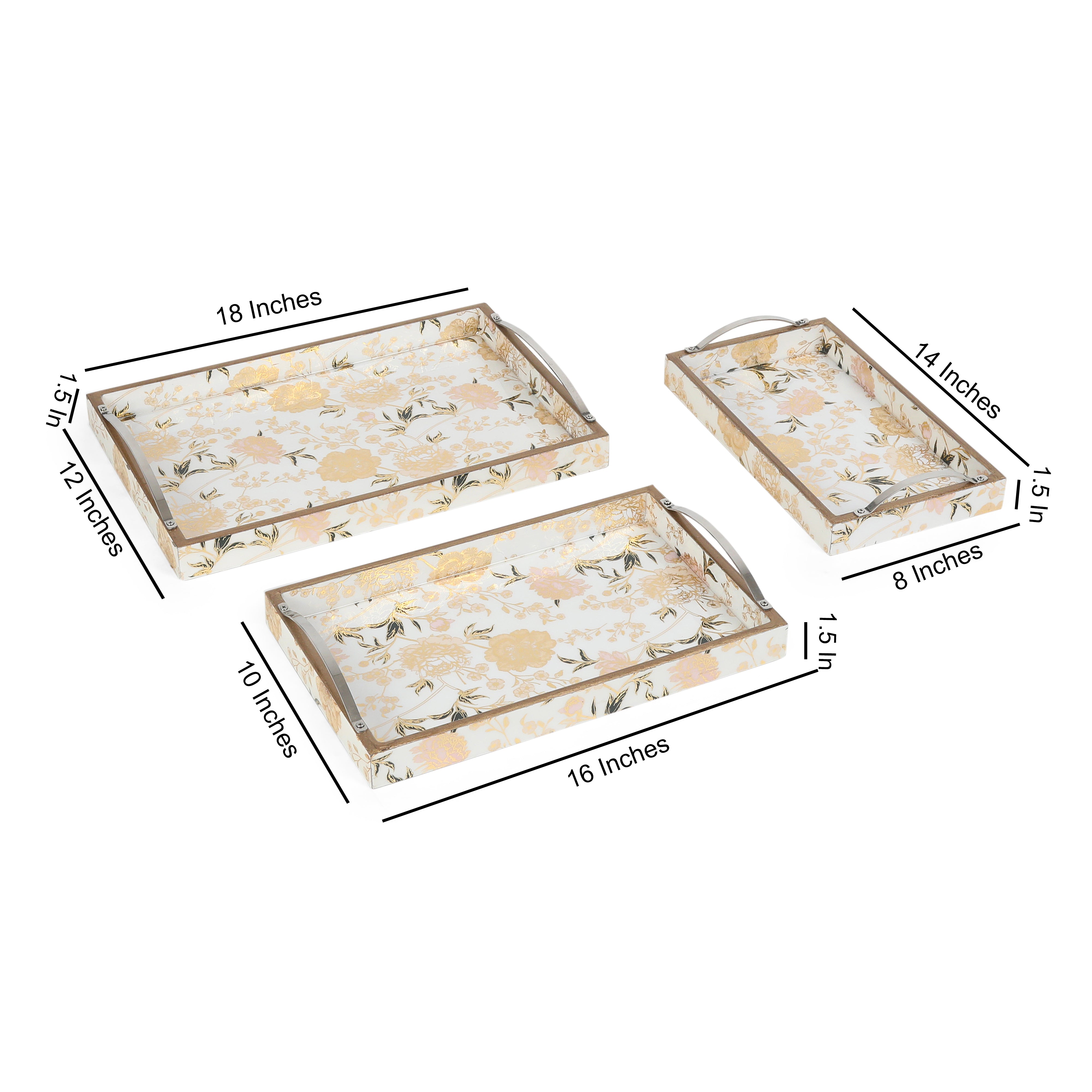 Tray Set Of 3 - White & Flower