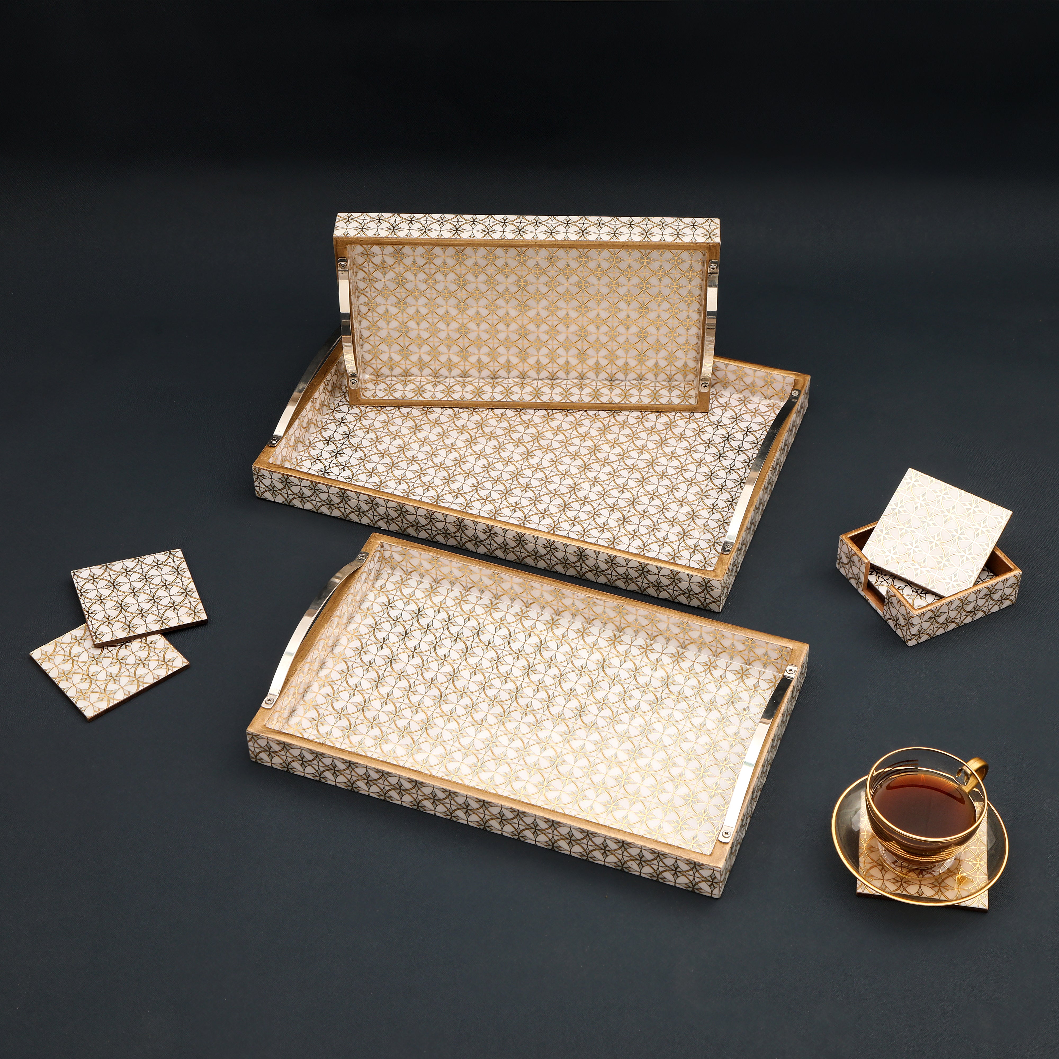 Tray Set Of 3 - White & Gold