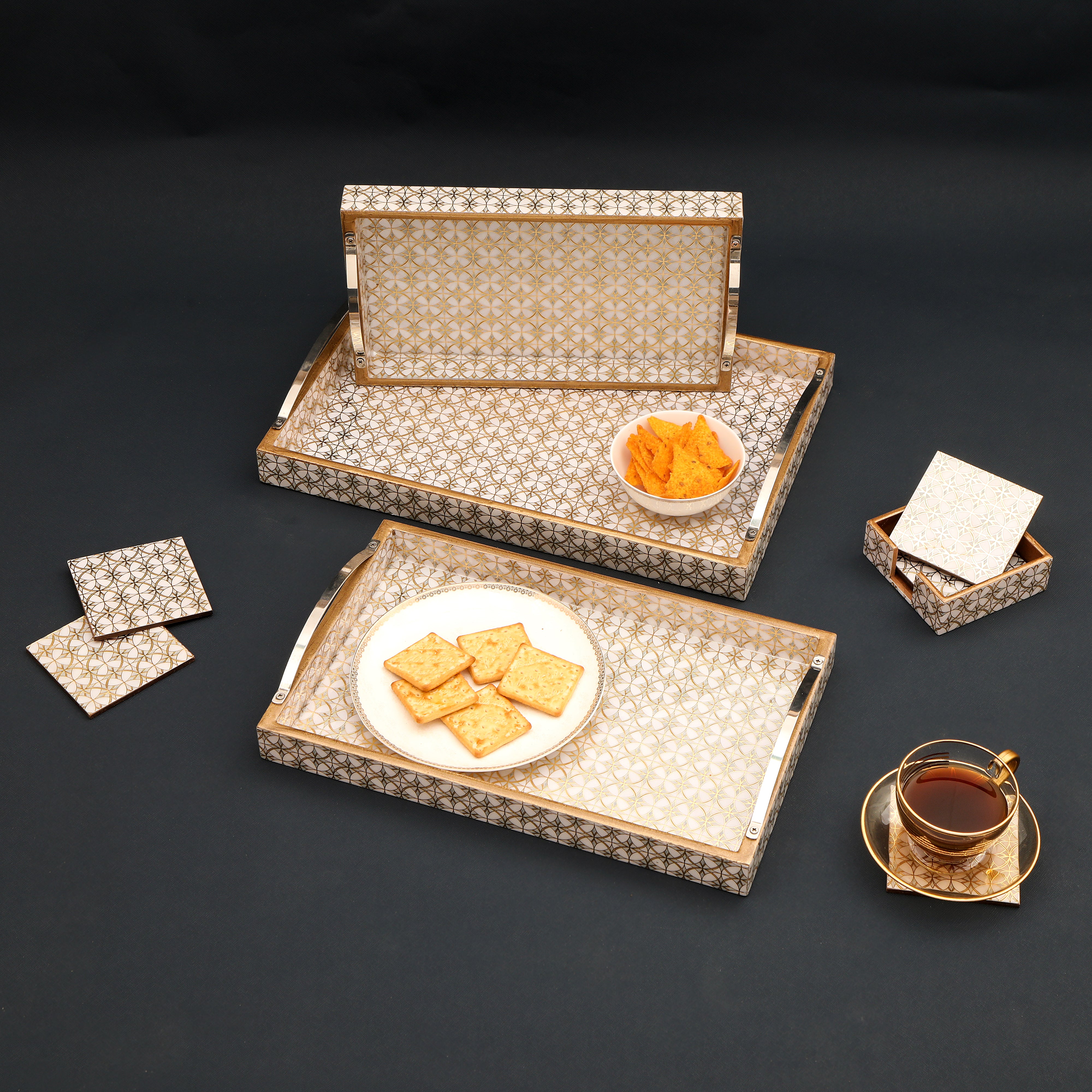 Tray Set Of 3 - White & Gold