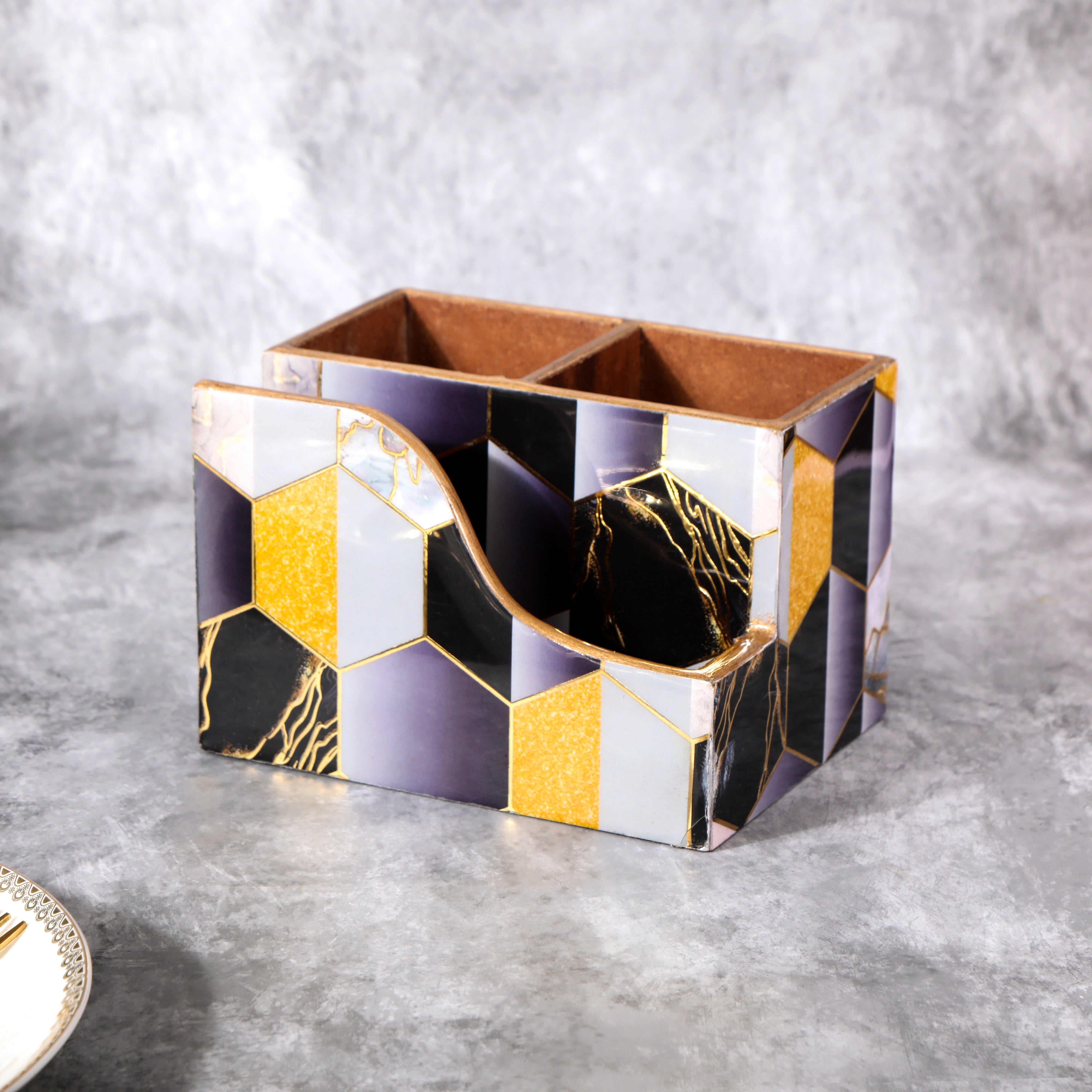 Small Cutlery Tissue Holder -  Black Hexagon