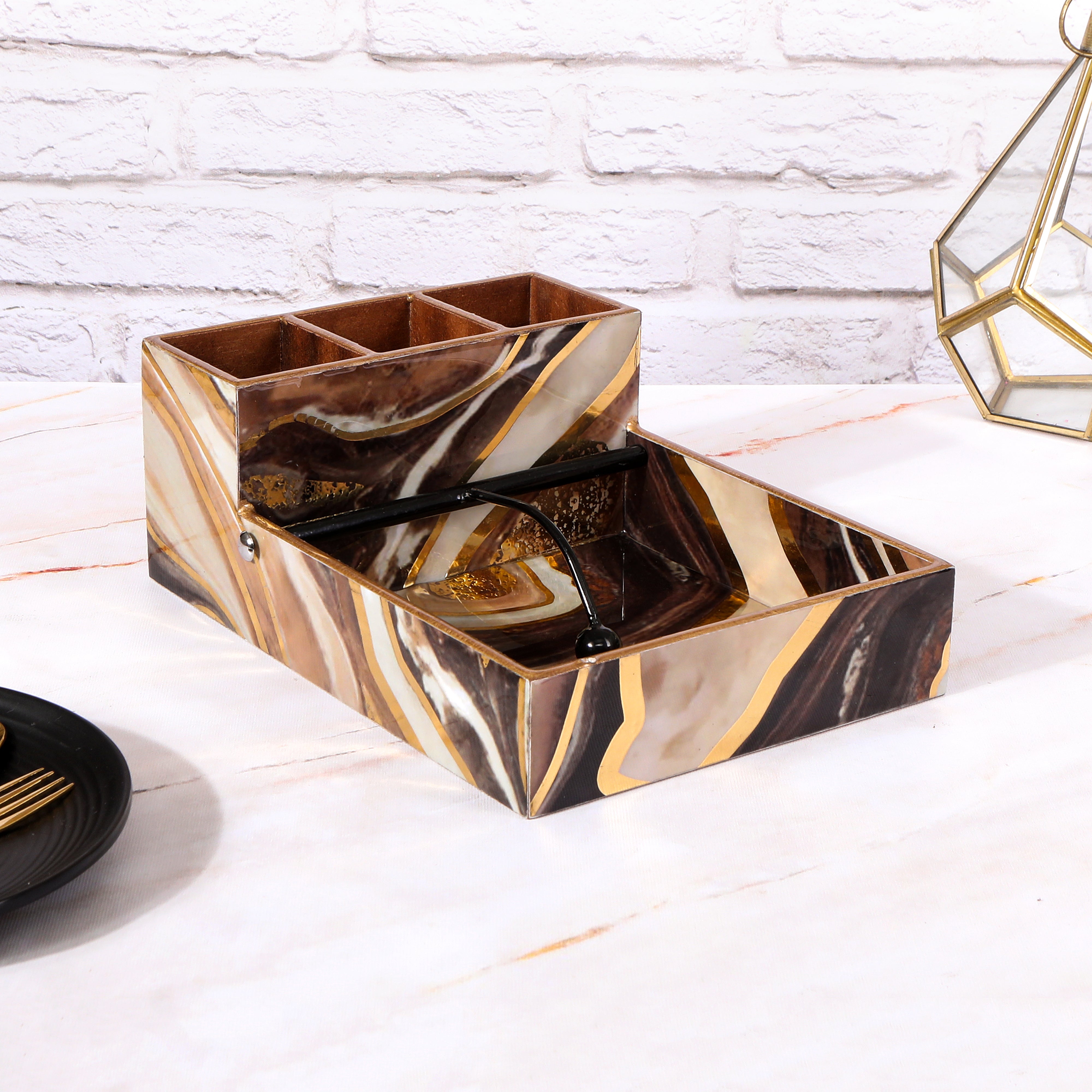 Large Cutlery Tissue Holder - Brown Marble