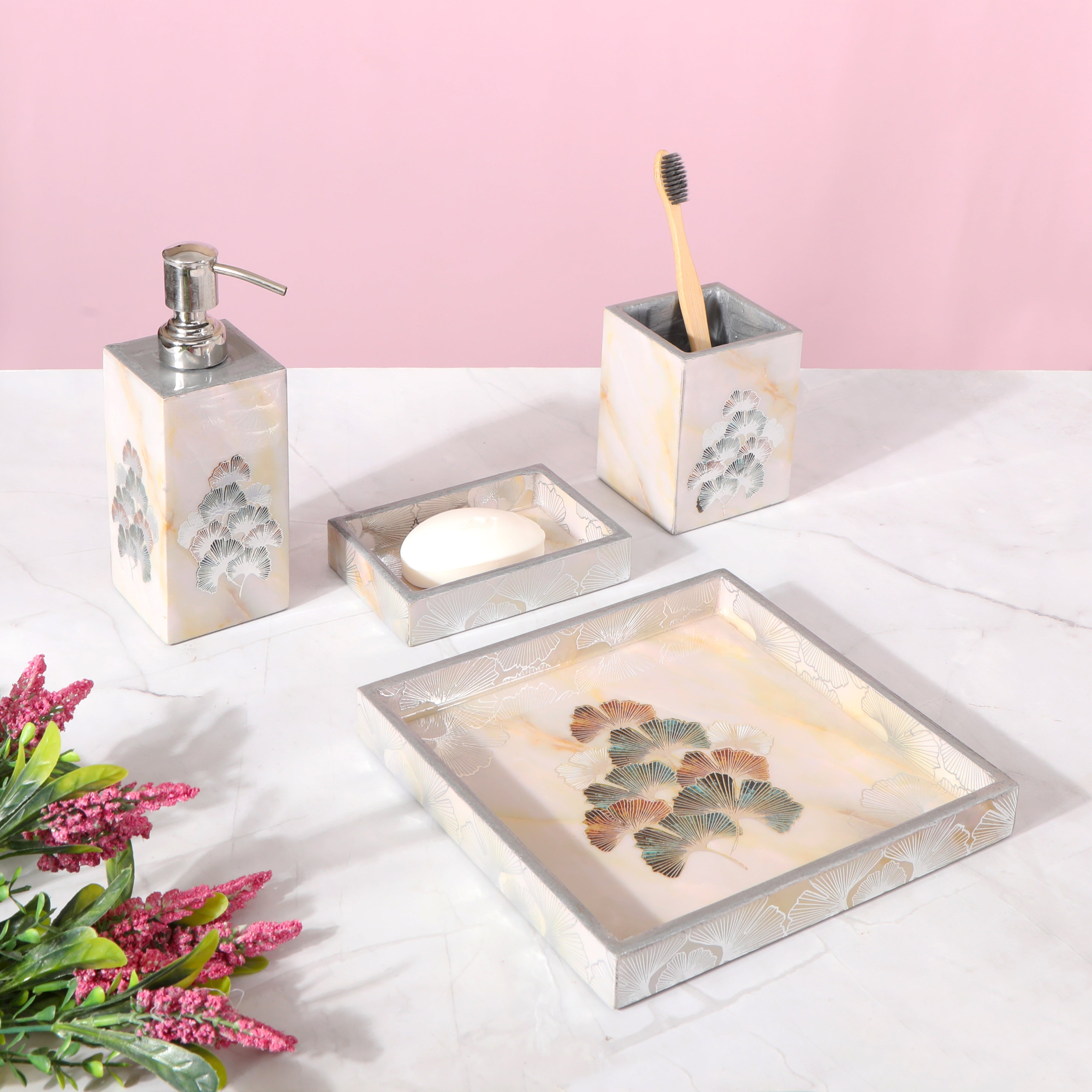 New Flower Print Enameled Wooden Bathroom Set of 4