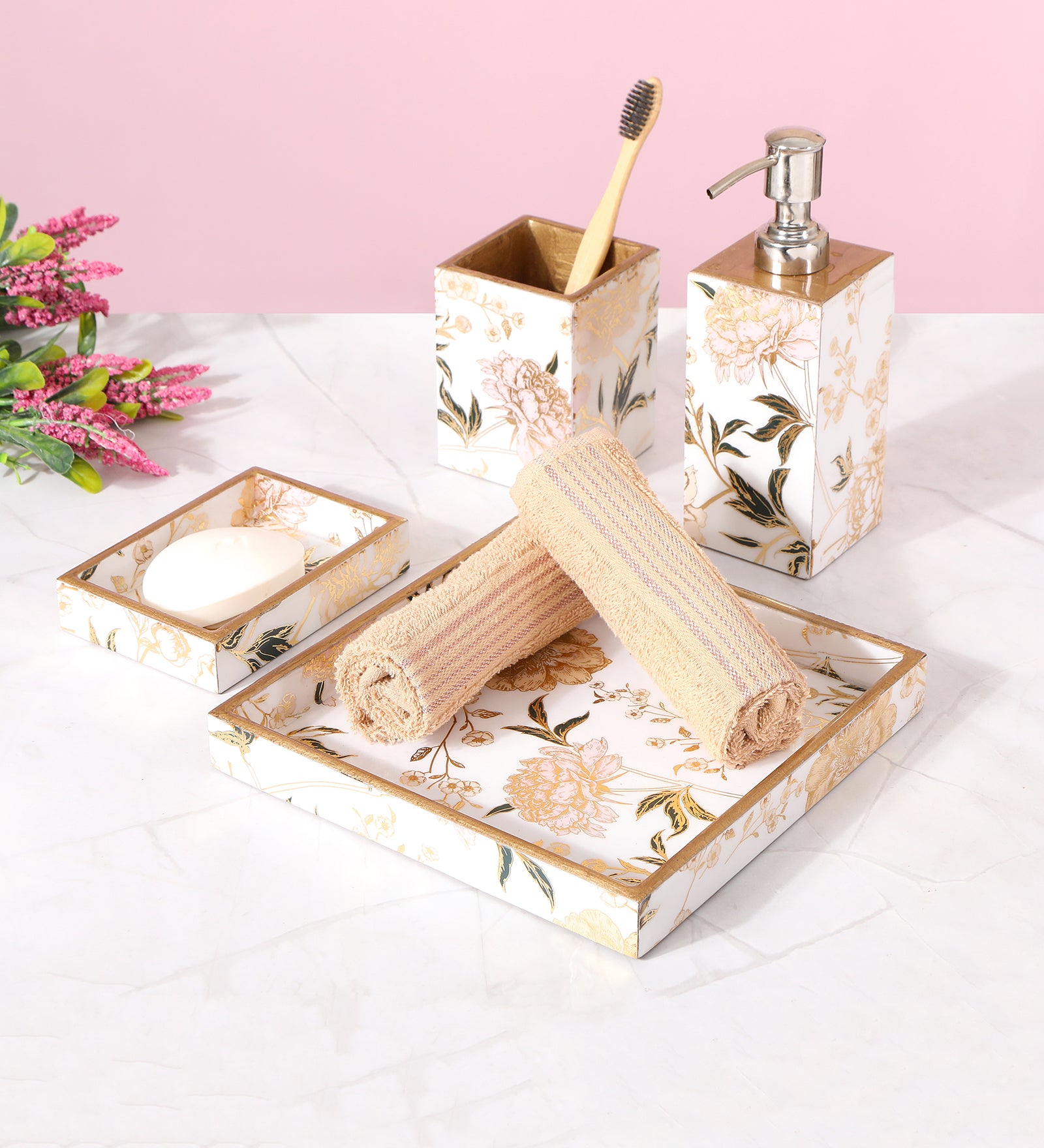 White Floral Print Enameled Wooden Bathroom Set of 4