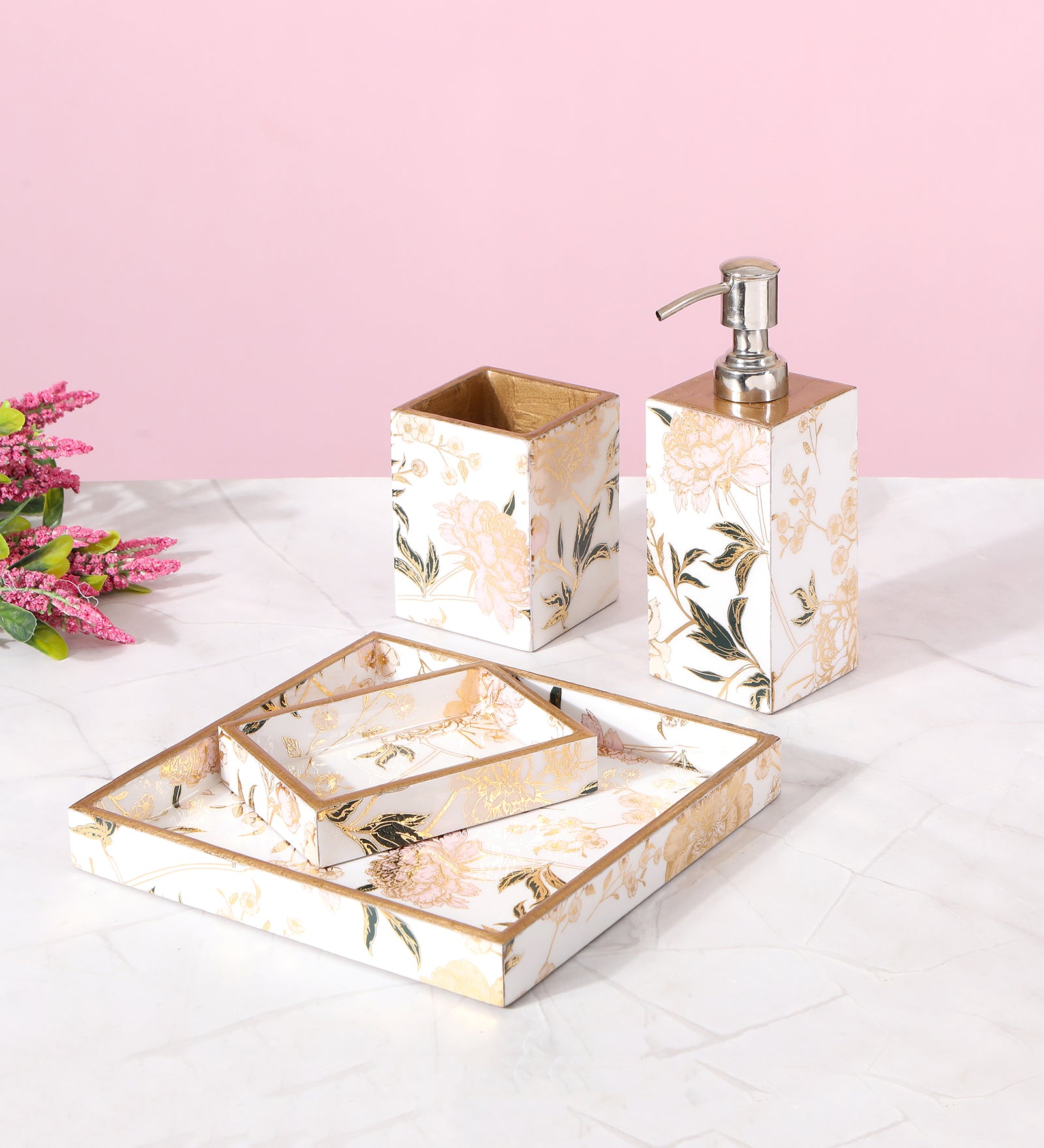 White Floral Print Enameled Wooden Bathroom Set of 4