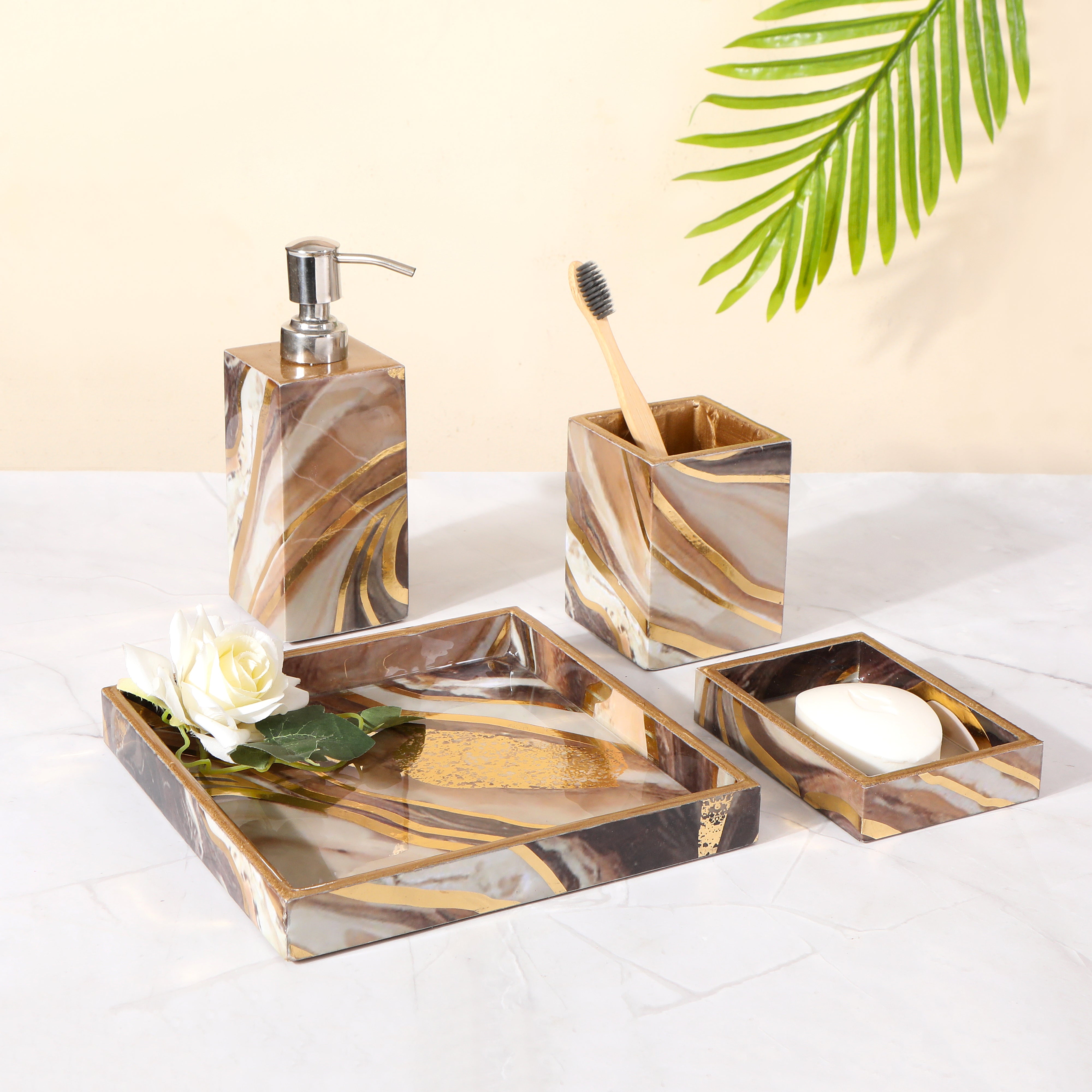 Brown Marble Abstract Print Enameled Wooden Bathroom Set of 4