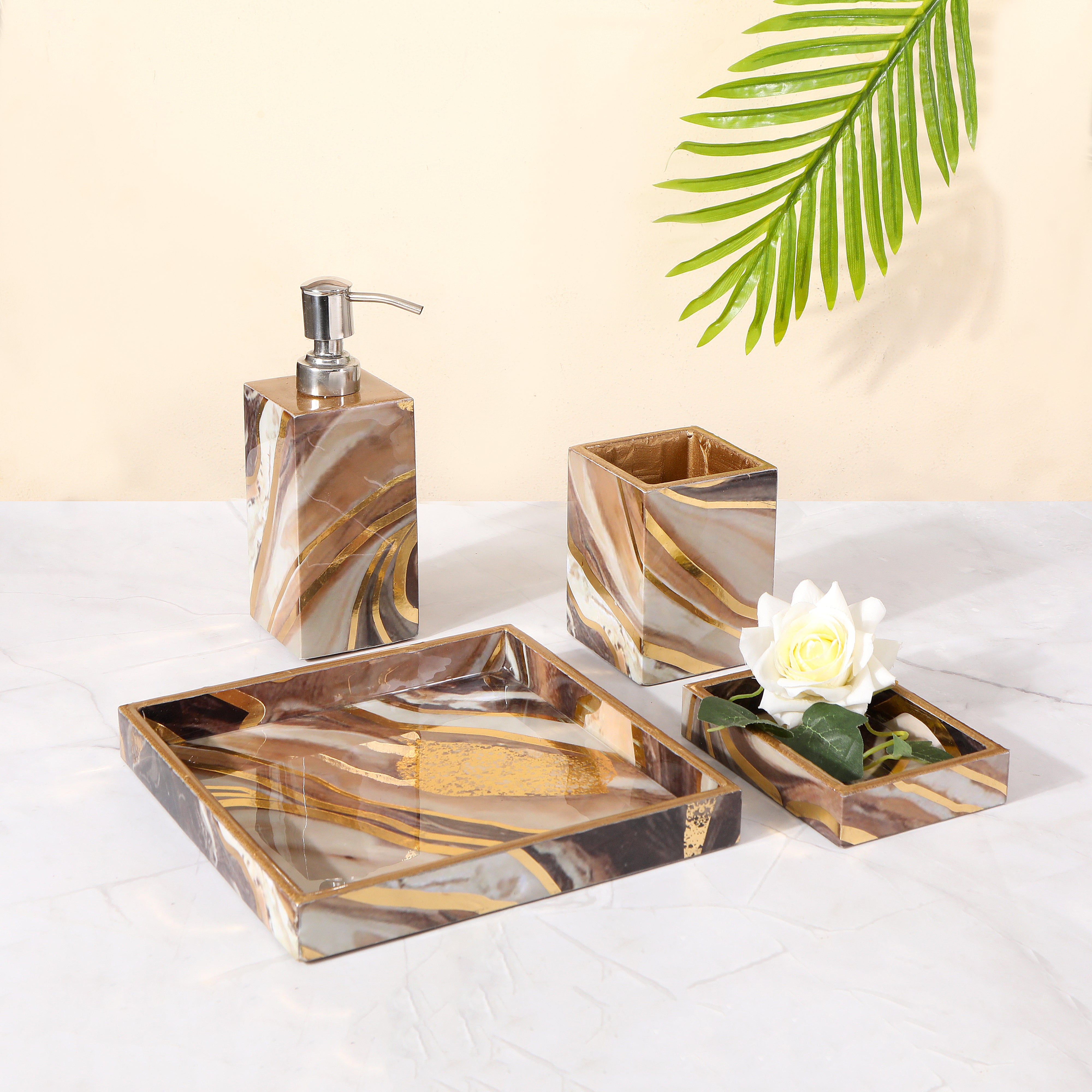 Brown Marble Abstract Print Enameled Wooden Bathroom Set of 4