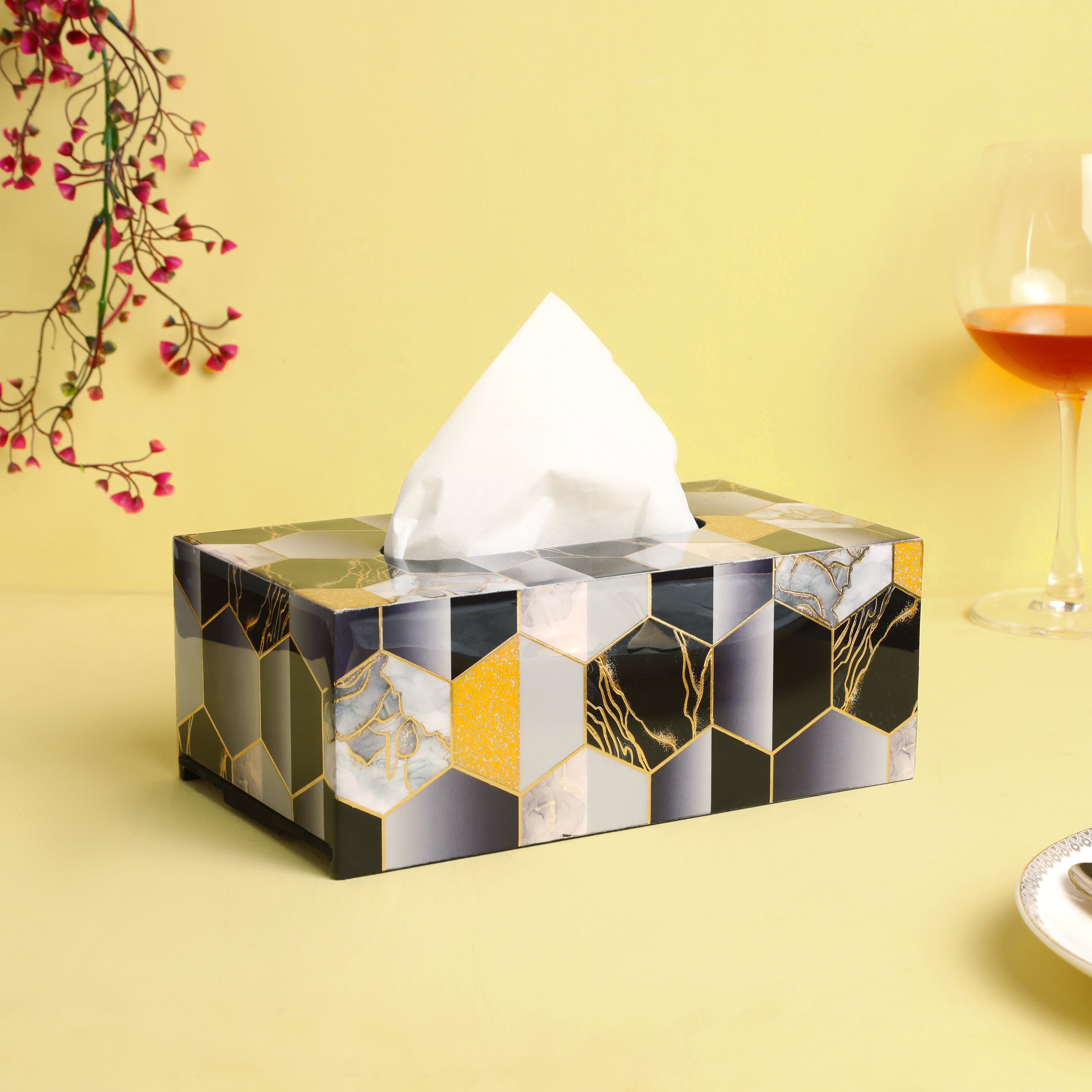 Tissue Box - Black Hexagon