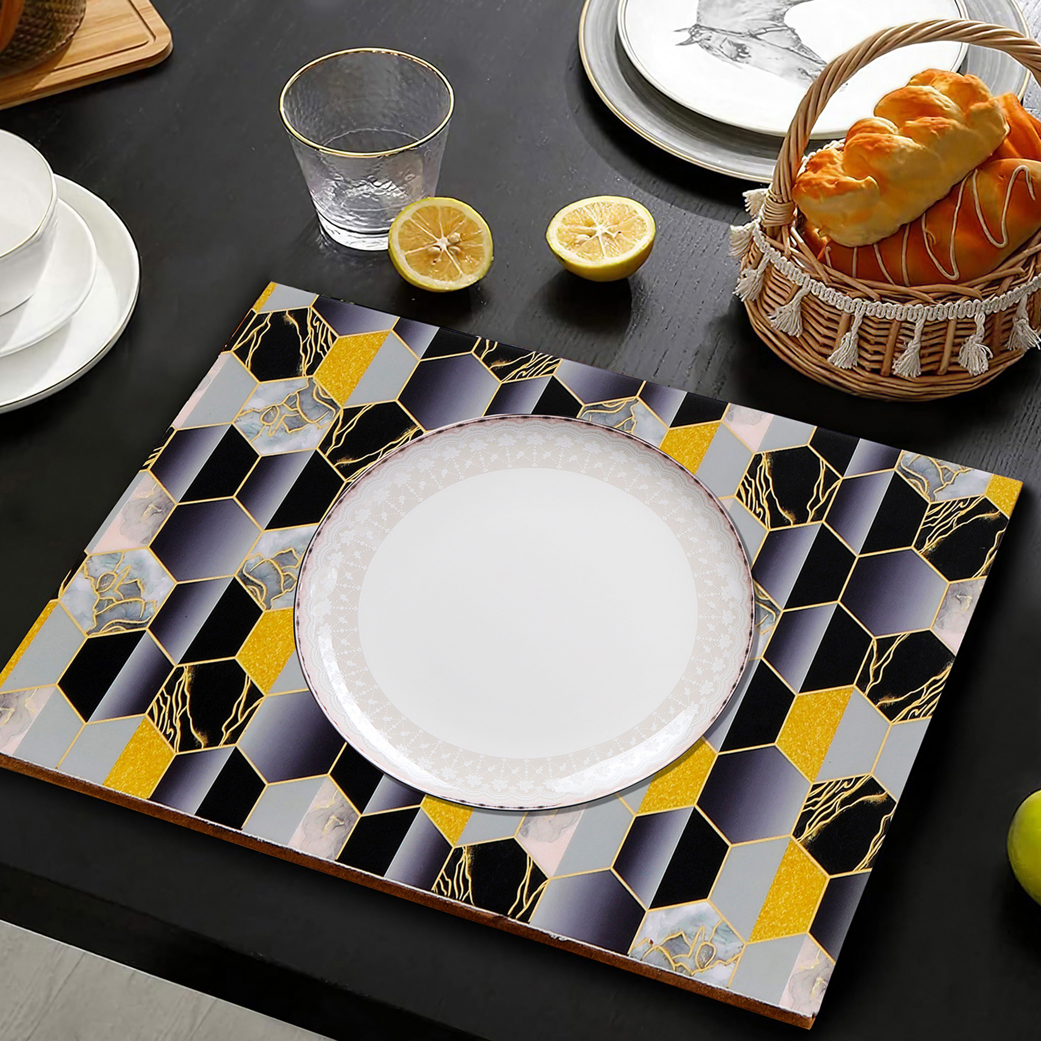 Tablemat- Black Hexagon  (1 Pc)