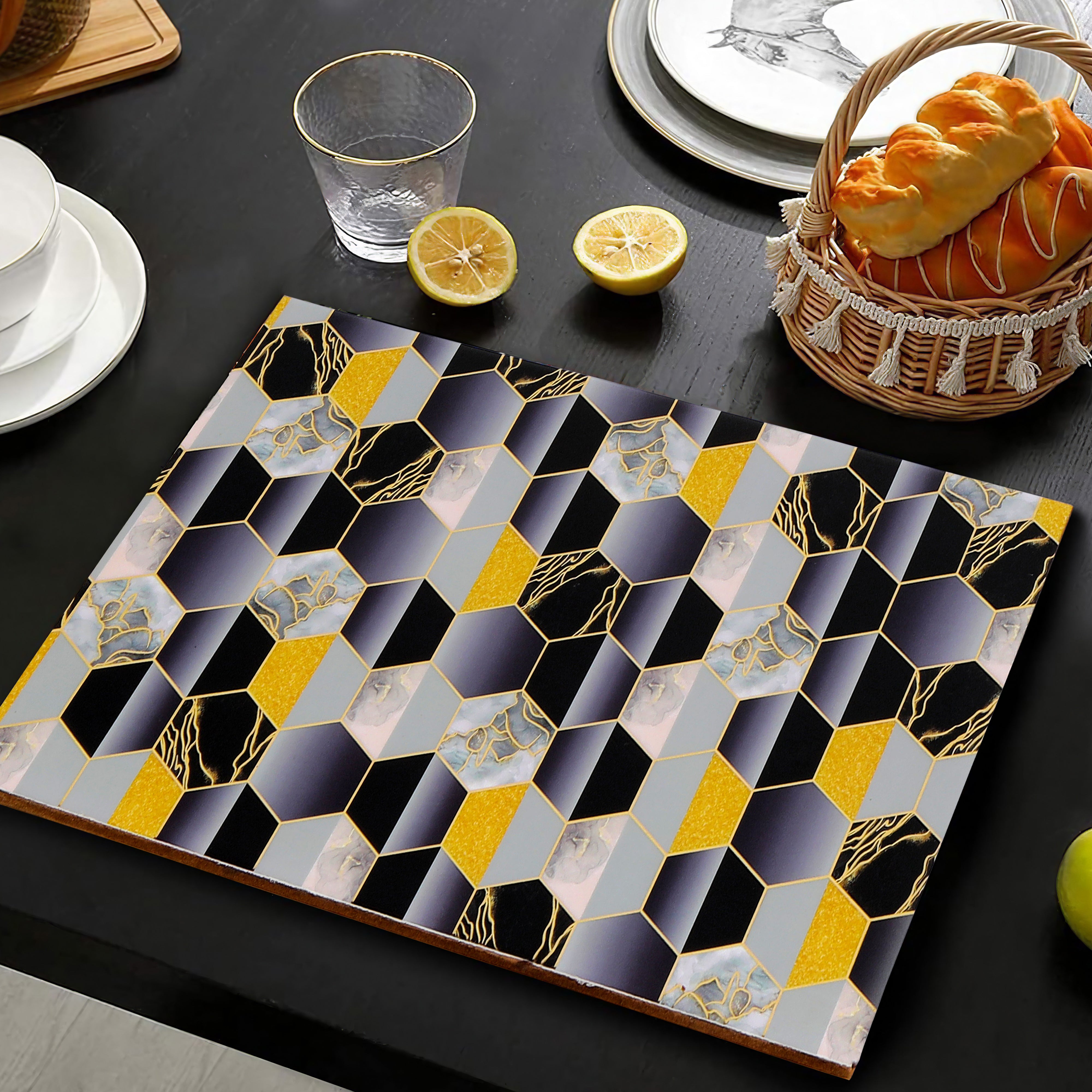 Tablemat- Black Hexagon  (1 Pc)