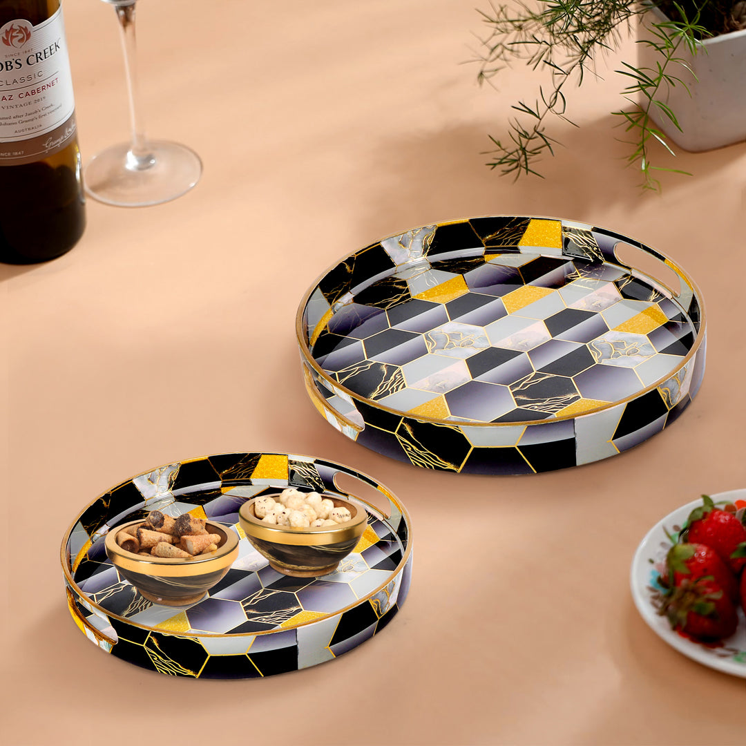 Round Tray - Set of 2 - Black Hexagon: The Home Co.