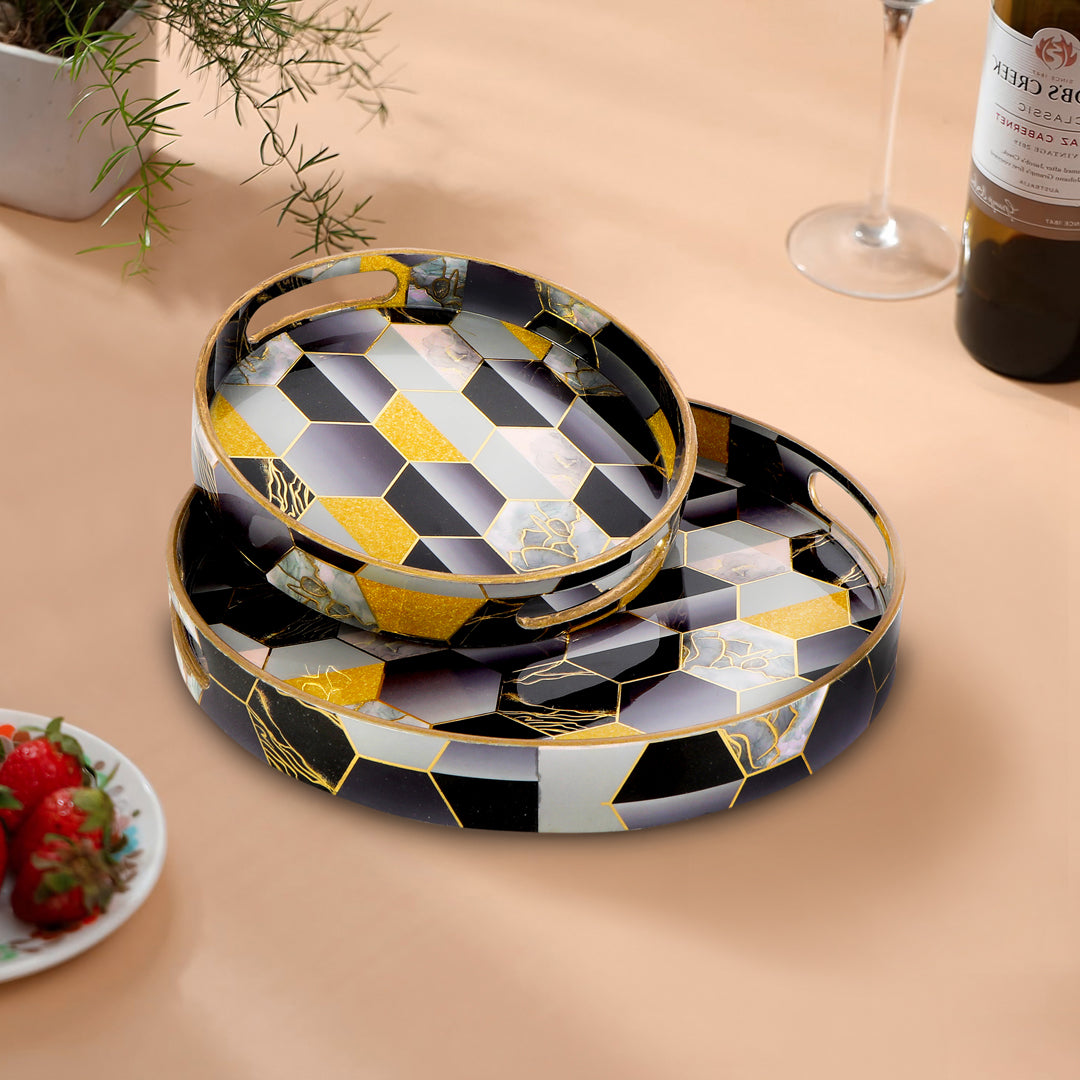 Round Tray - Set of 2 - Black Hexagon: The Home Co.