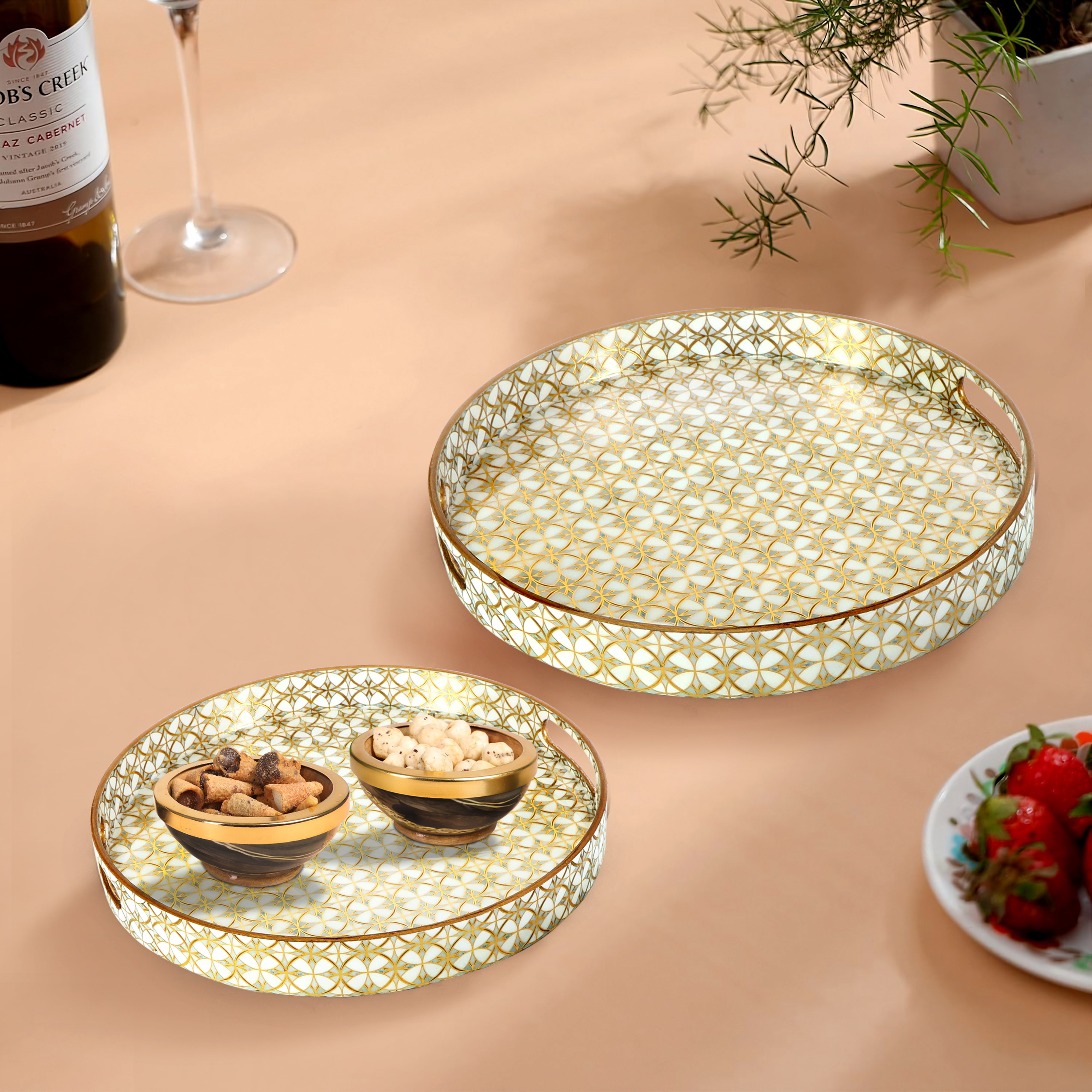 Round Tray - Set of 2 - White & Gold