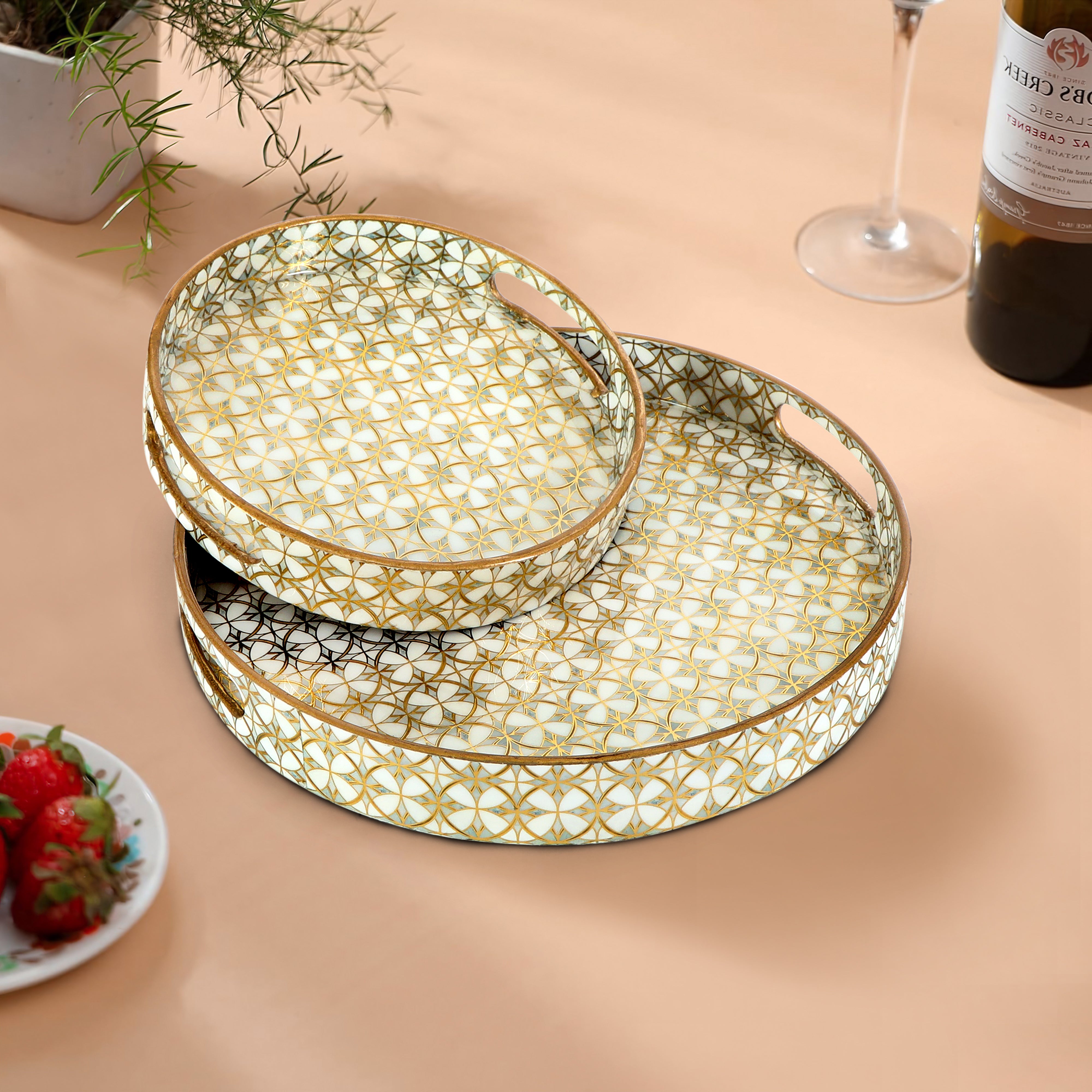 Round Tray - Set of 2 - White & Gold