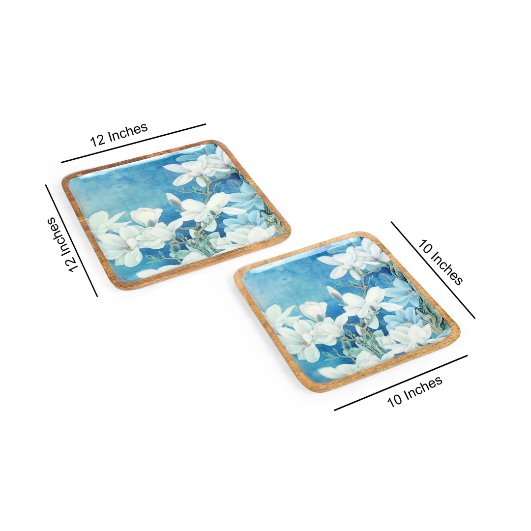 Square Tray Set - Blue White Flower - set of 2