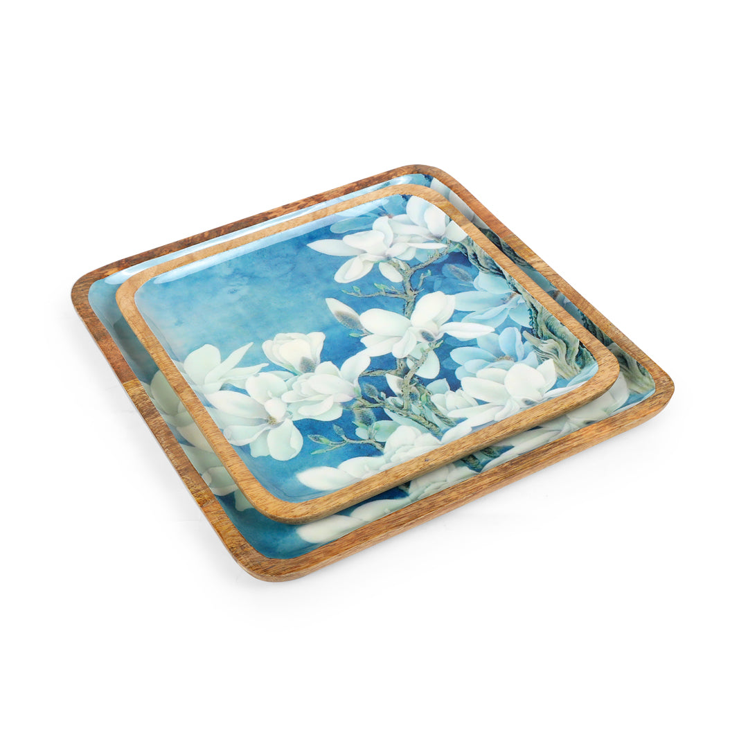 Square Tray Set - Blue White Flower - set of 2