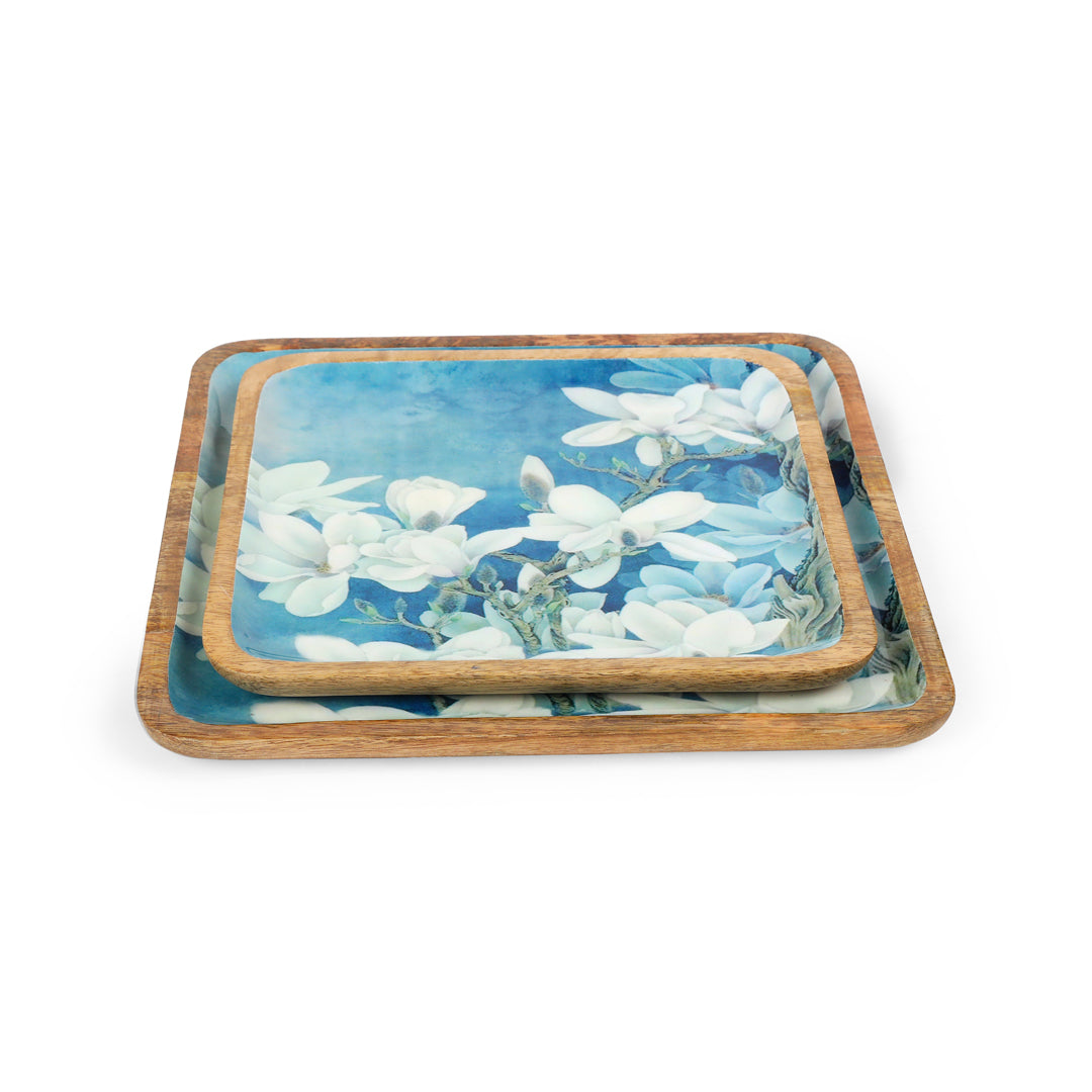 Square Tray Set - Blue White Flower - set of 2