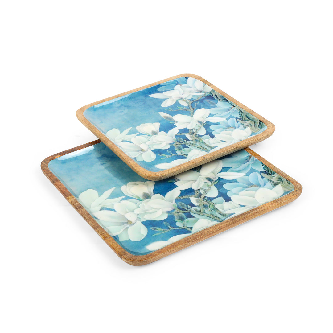 Square Tray Set - Blue White Flower - set of 2