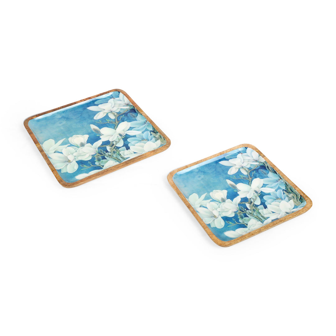 Square Tray Set - Blue White Flower - set of 2