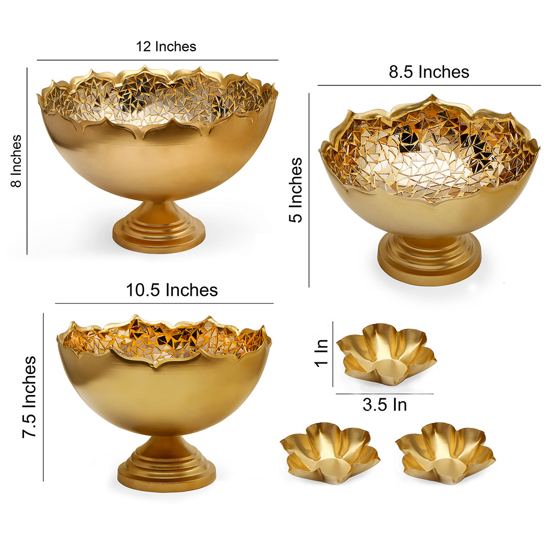 Gold Mosaic Urli with Base - Set of 3 (Small, Medium and Large)