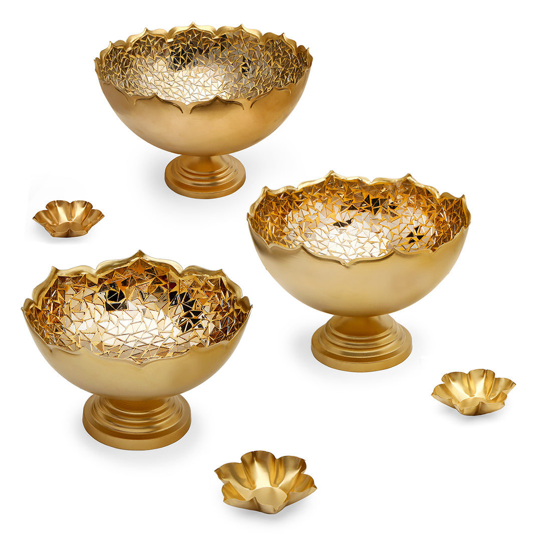 Gold Mosaic Urli with Base - Set of 3 (Small, Medium and Large)